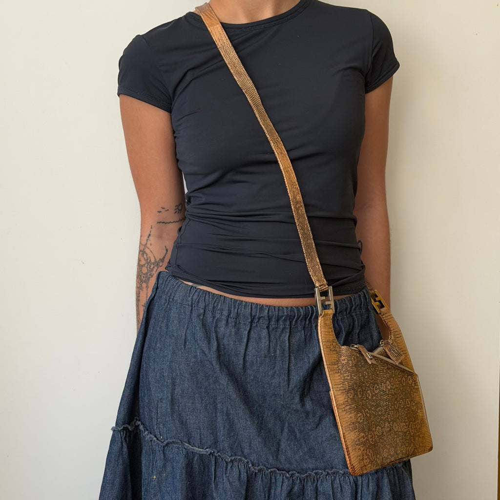 Fendi Brown Lizard Embossed Leather Shoulder Bag
