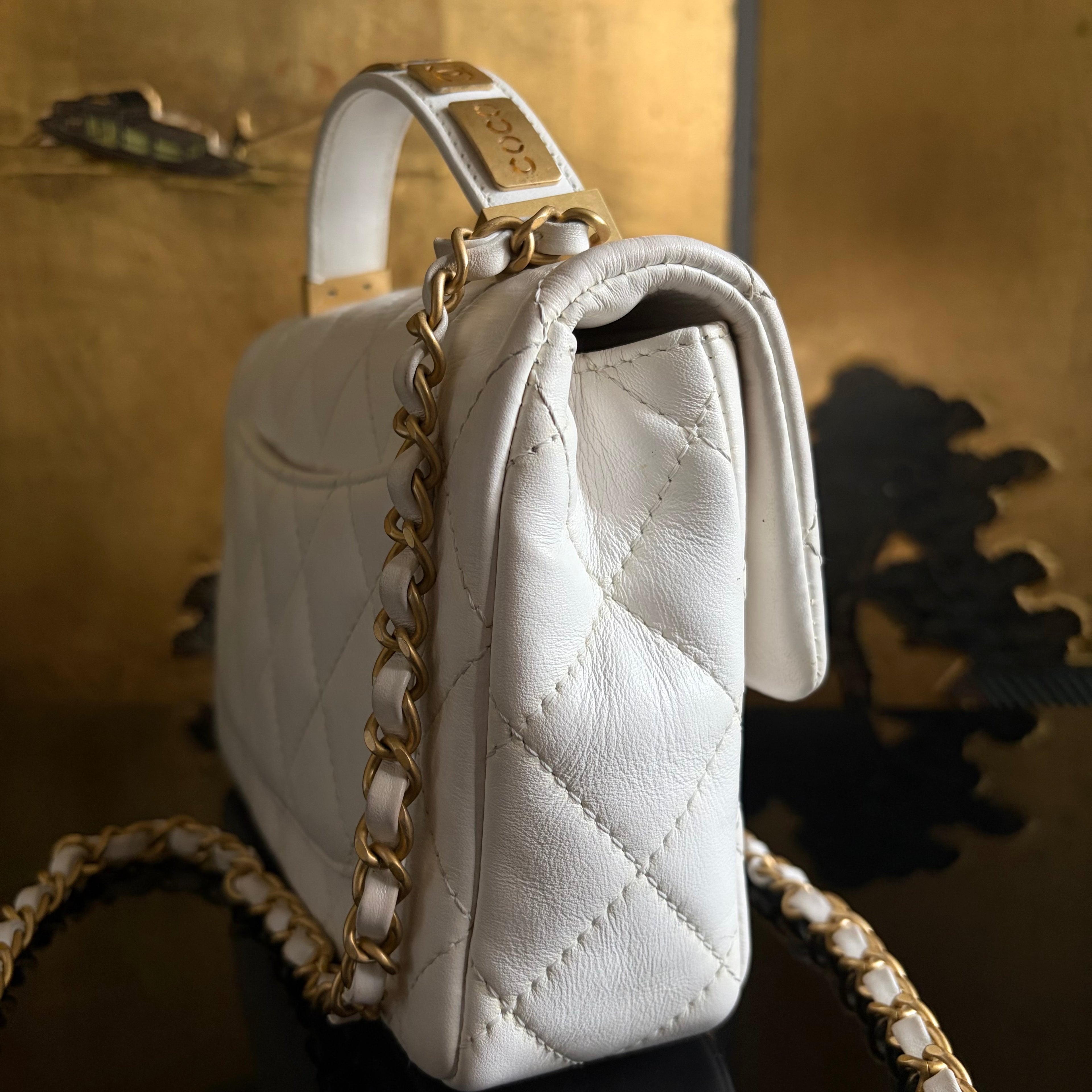Chanel White Lambskin Leather Top Handle Flap Bag