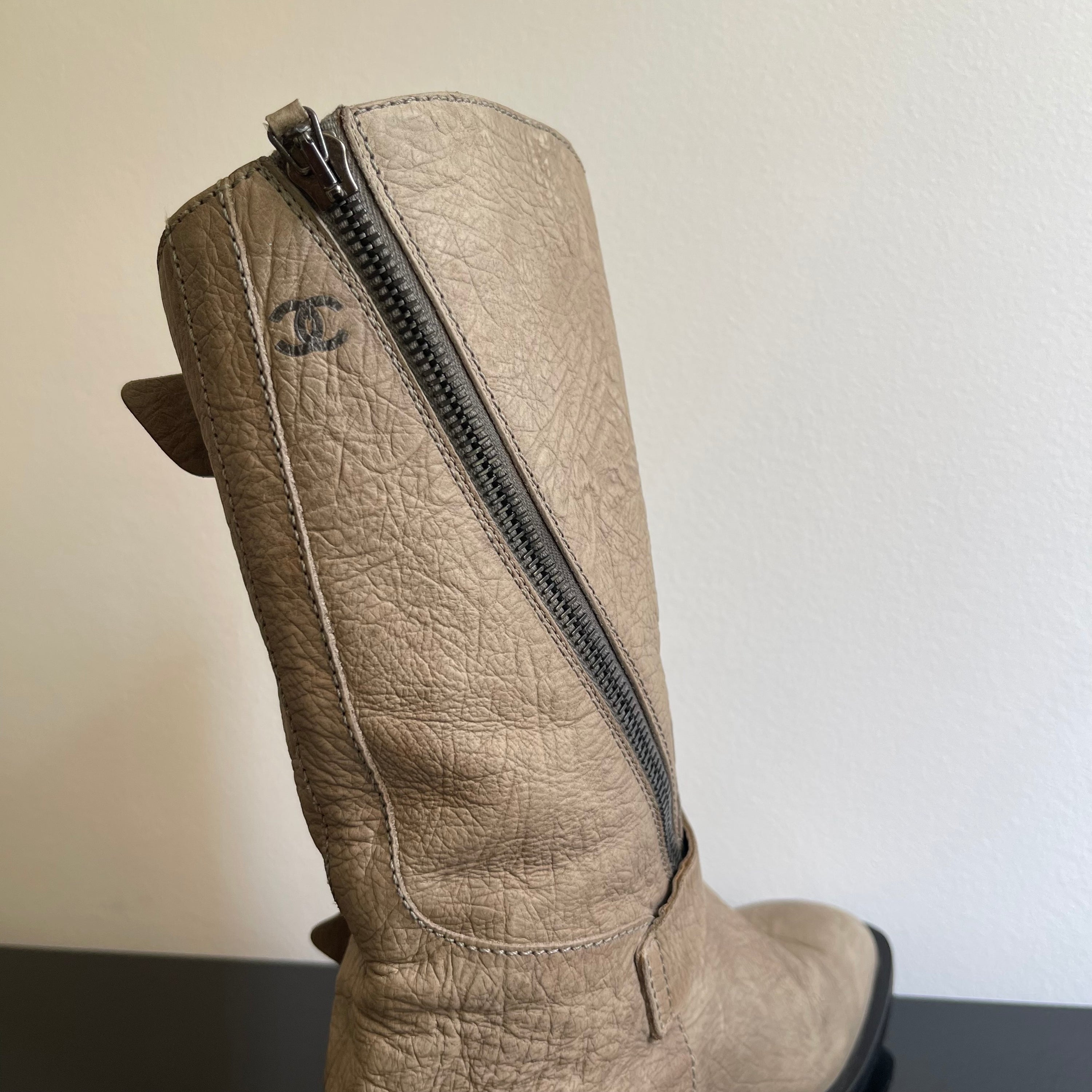 Chanel Gray Leather Biker Boots