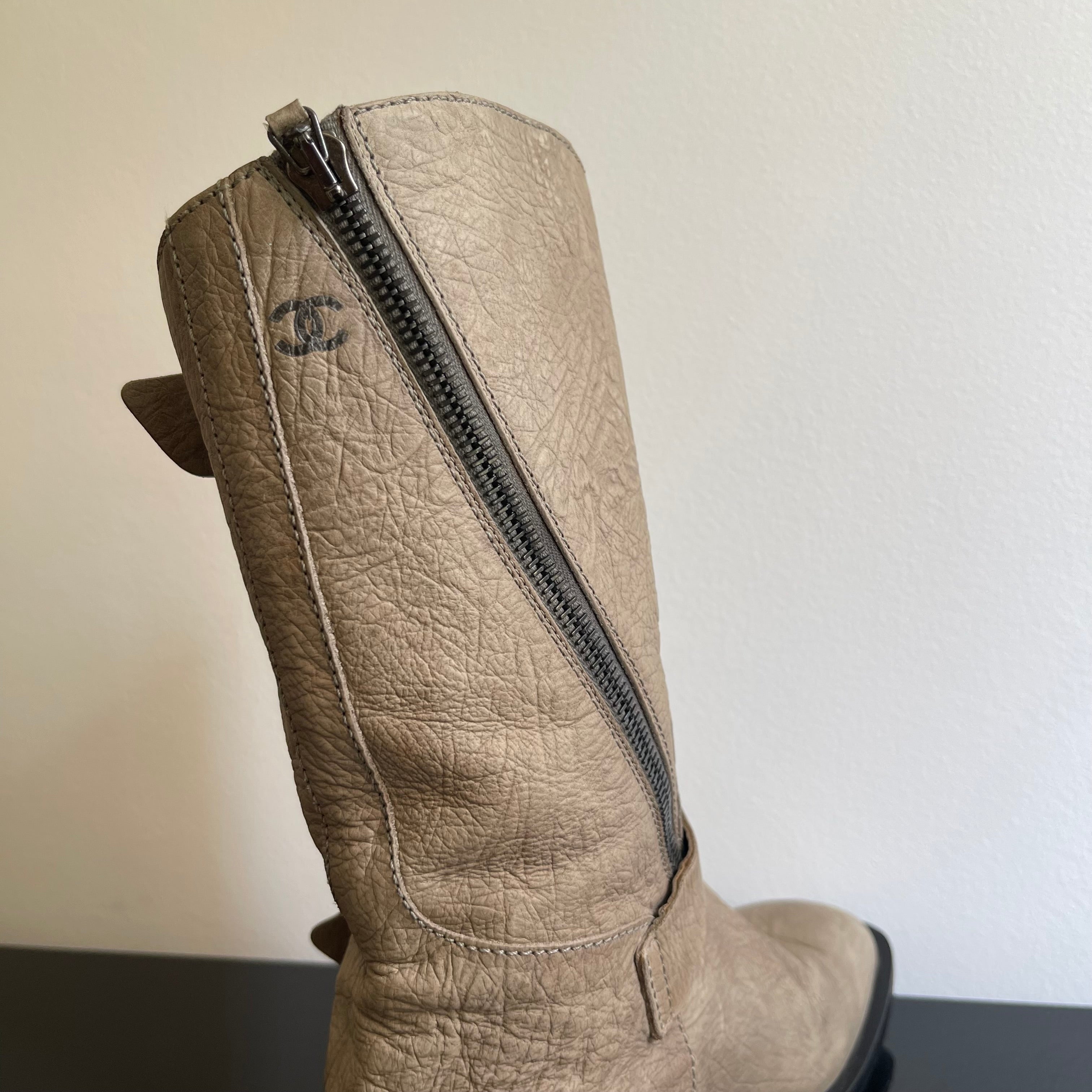 Chanel Gray Leather Biker Boots