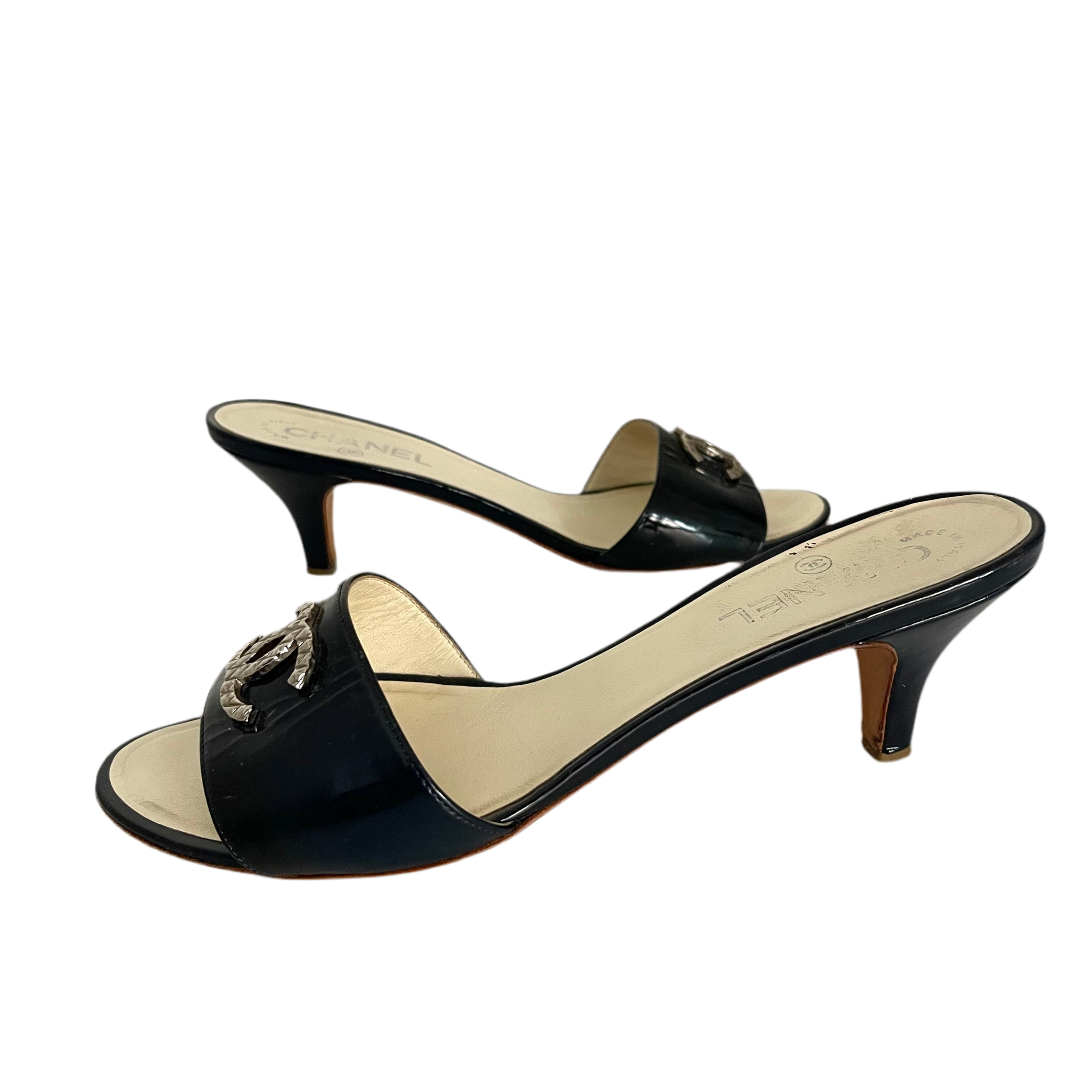 Chanel Patent Leather Logo Sandals