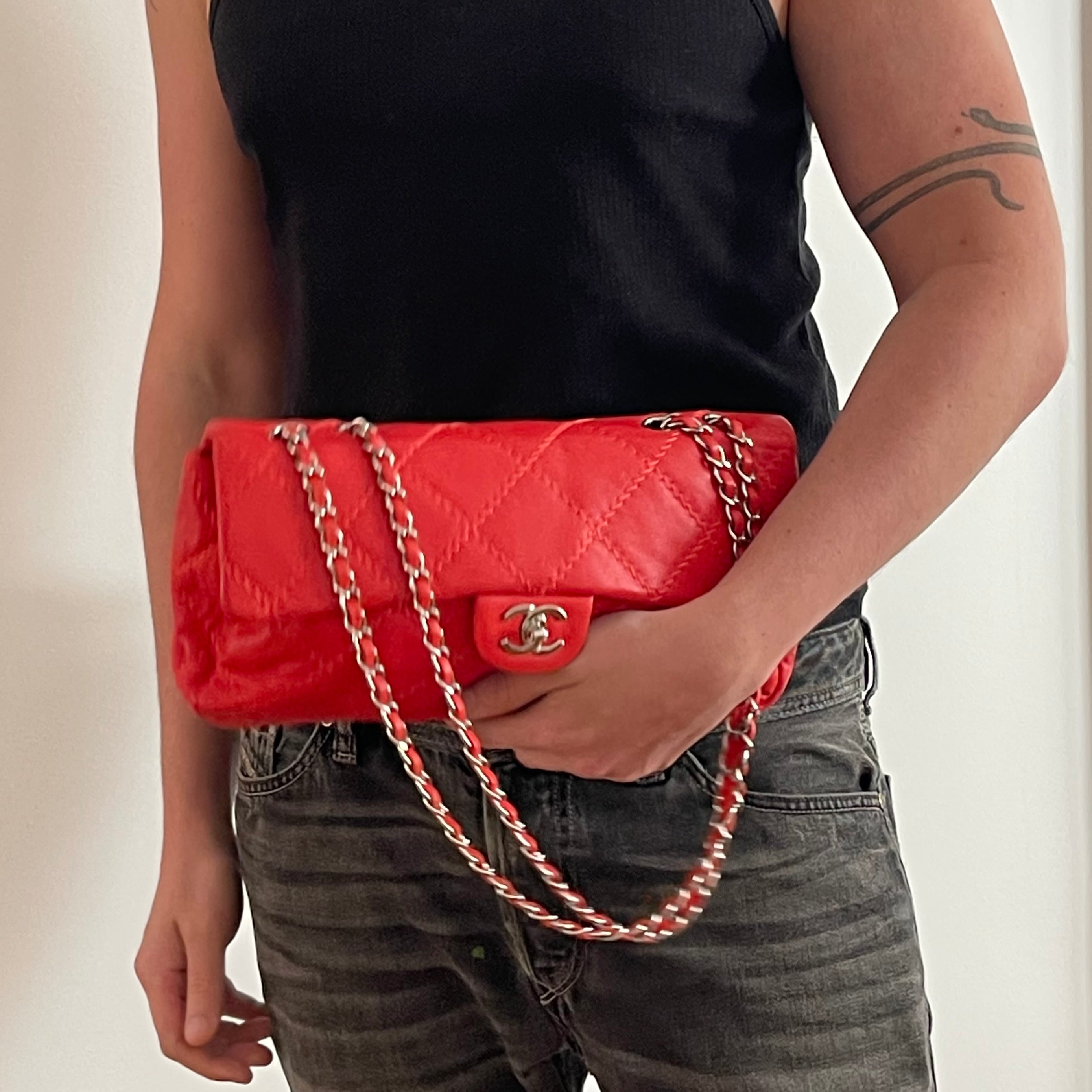 Chanel Wild Stitch Flap Red Lambskin Shoulder Bag
