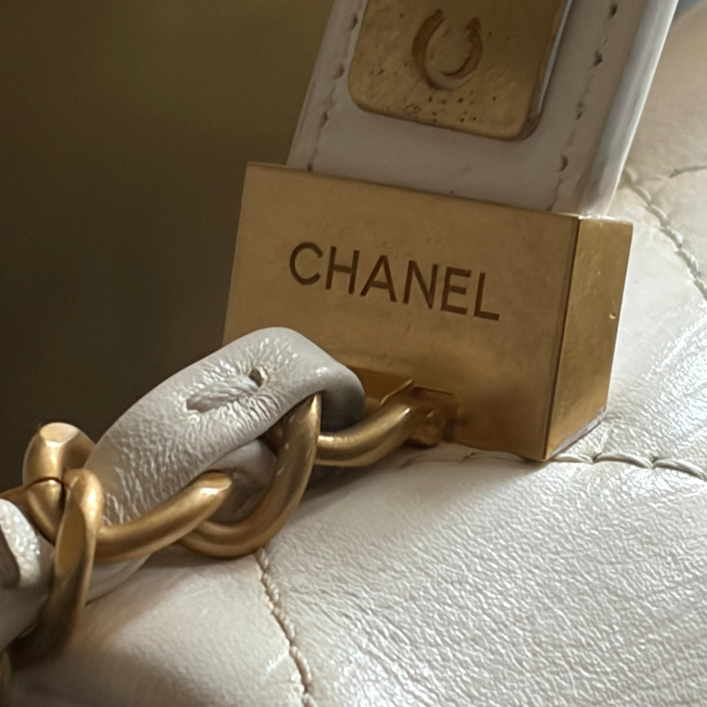 Chanel White Lambskin Leather Top Handle Flap Bag