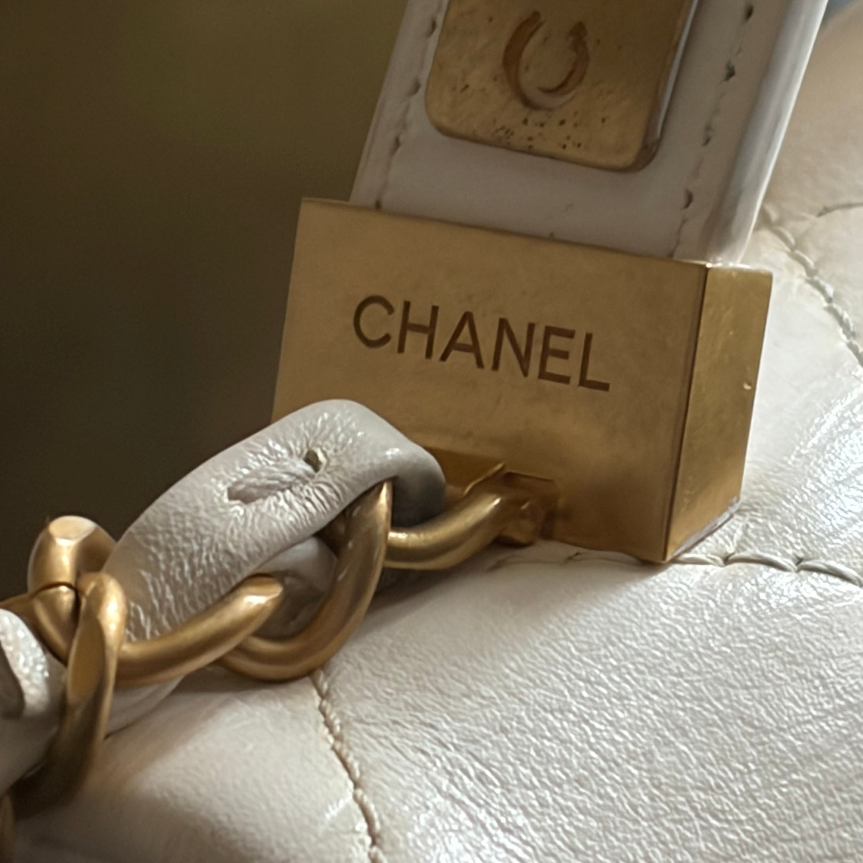 Chanel White Lambskin Leather Top Handle Flap Bag