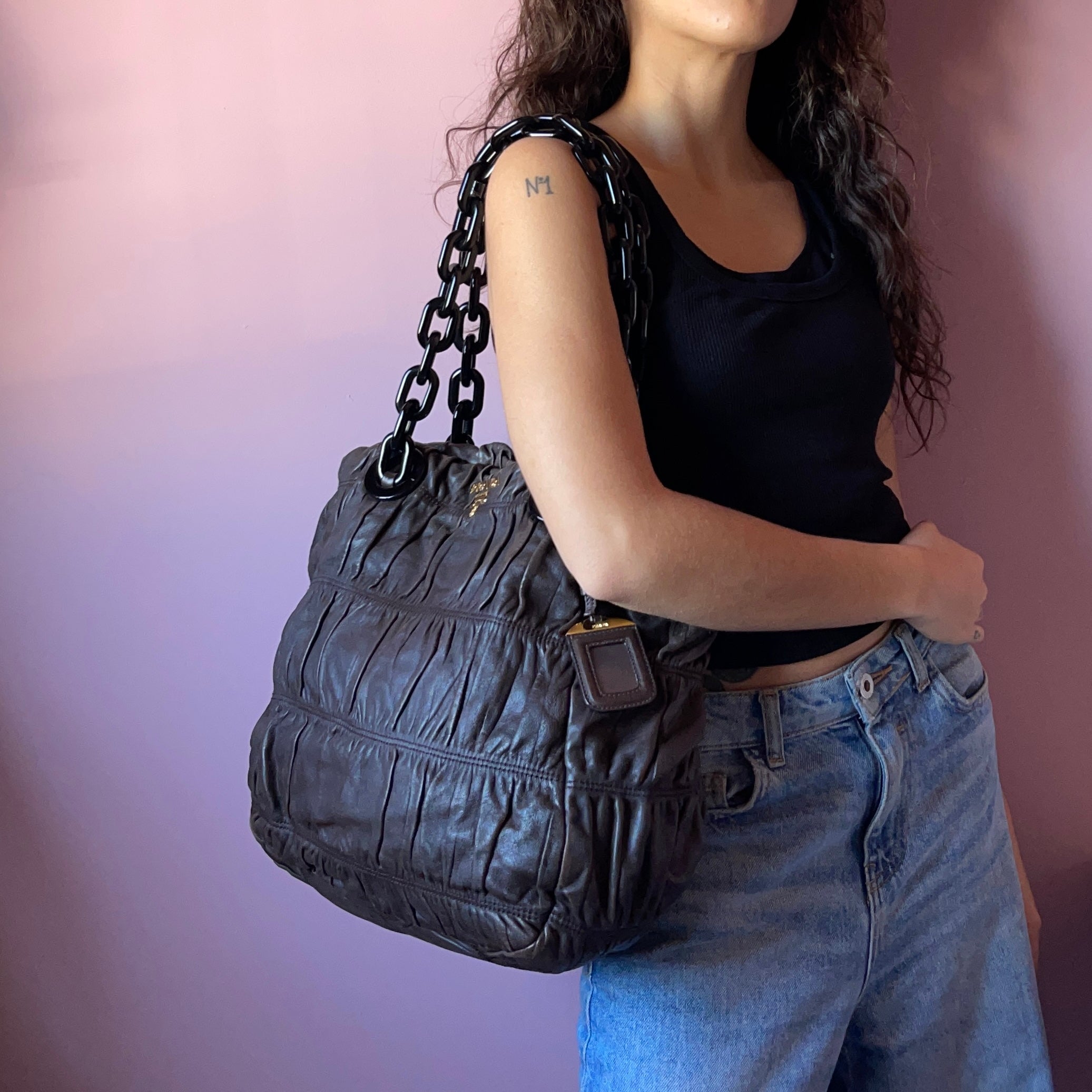 Prada Leather Gaufre Acrylic Chain Shoulder Bag