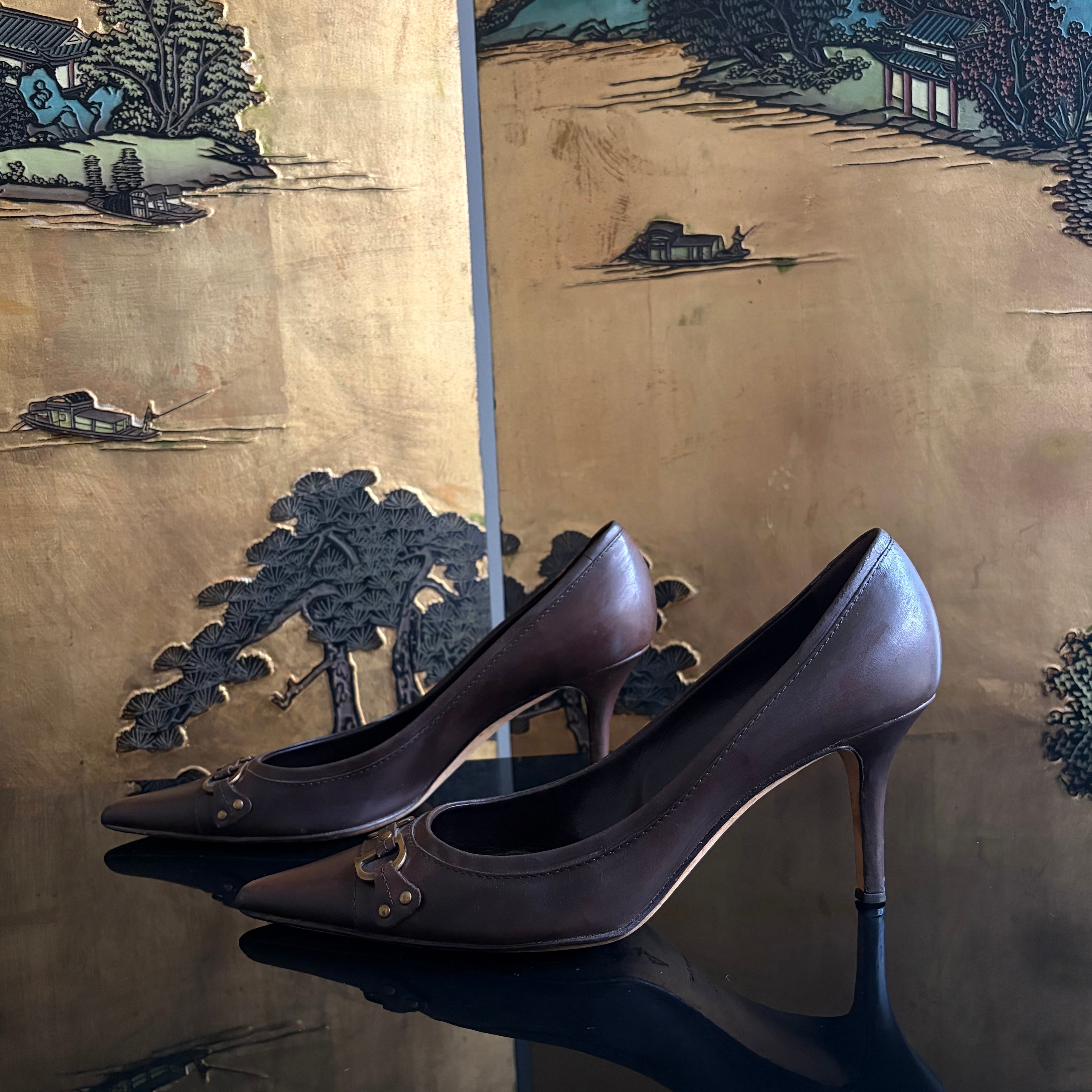 Christian Dior CD Logo Brown Leather Heels