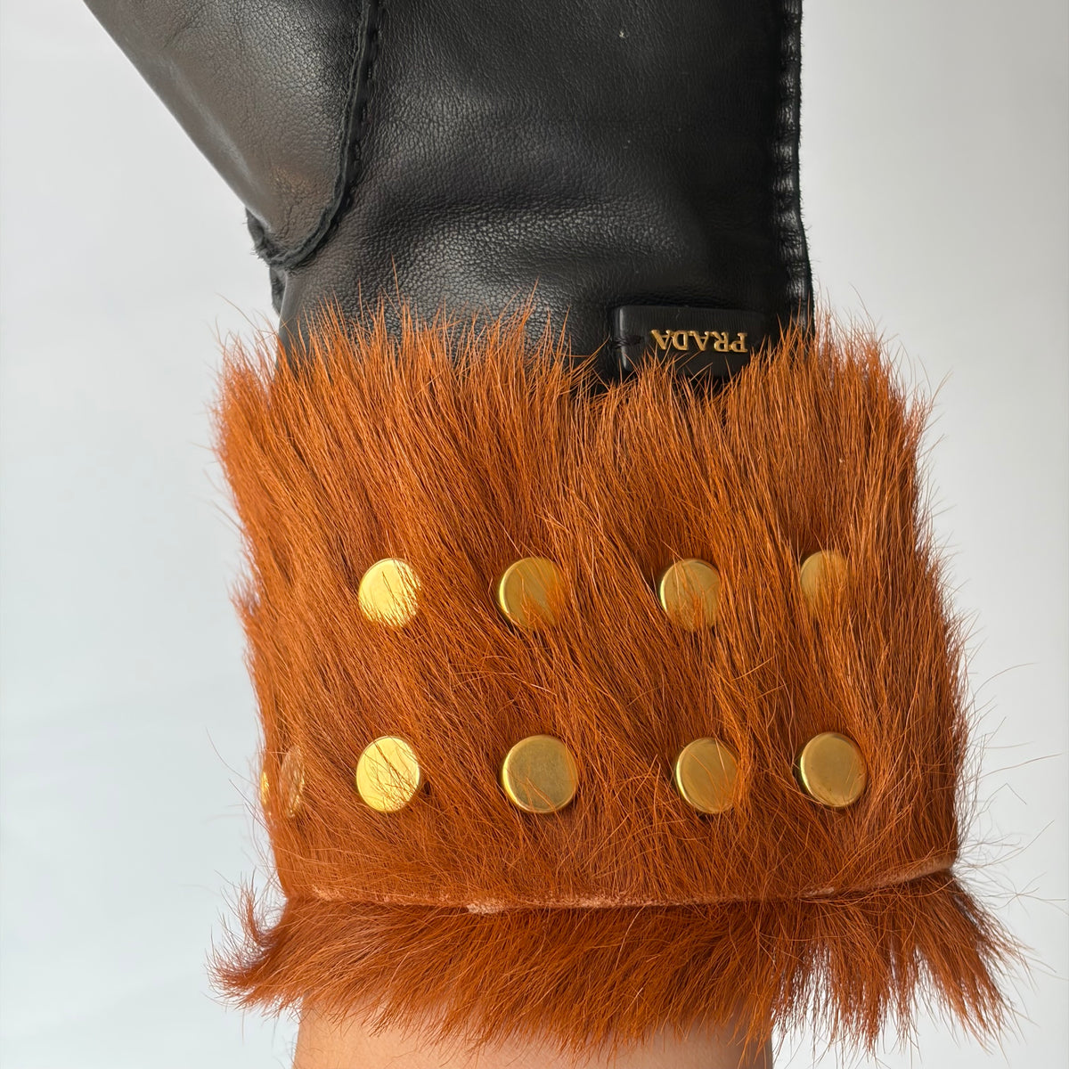 Prada Studded Fur-Cuff Leather Gloves