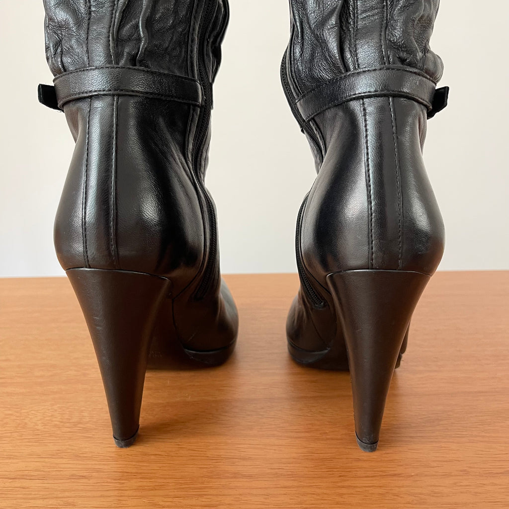 Prada Gaufre Black Leather Knee High Heeled Boots