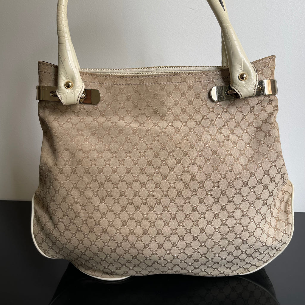 Céline Ivory Monogram Canvas Leather Tassel Bag