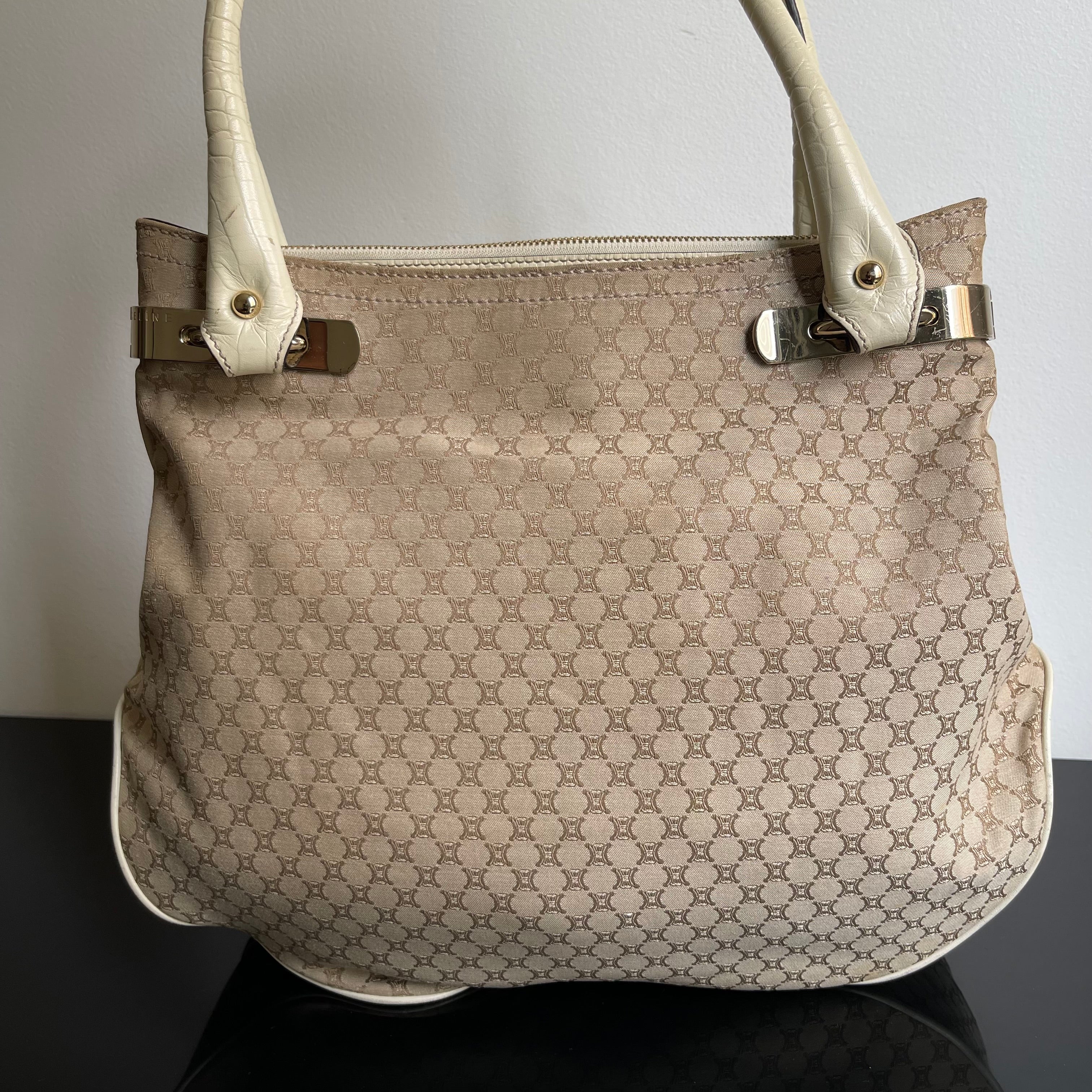 Céline Ivory Monogram Canvas Leather Tassel Bag