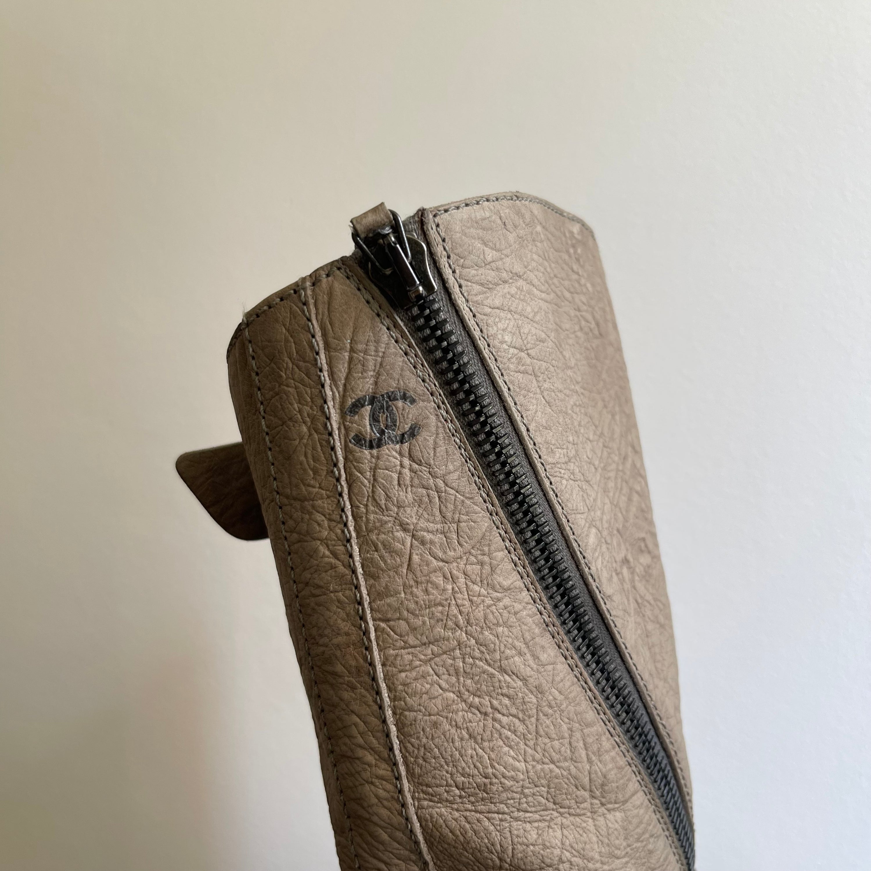 Chanel Gray Leather Biker Boots