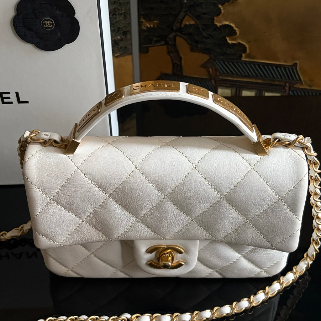 Chanel White Lambskin Leather Top Handle Flap Bag