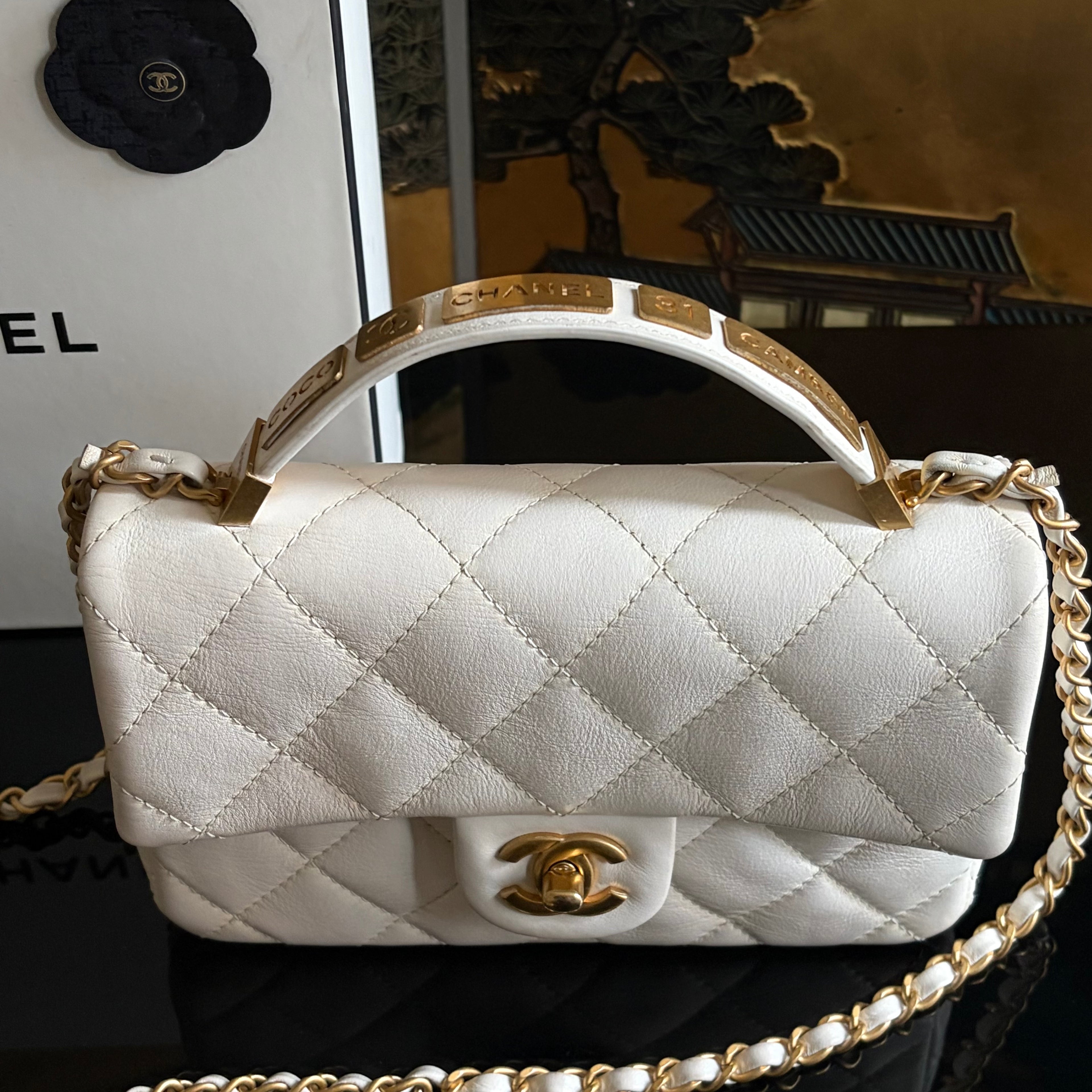 Chanel White Lambskin Leather Top Handle Flap Bag