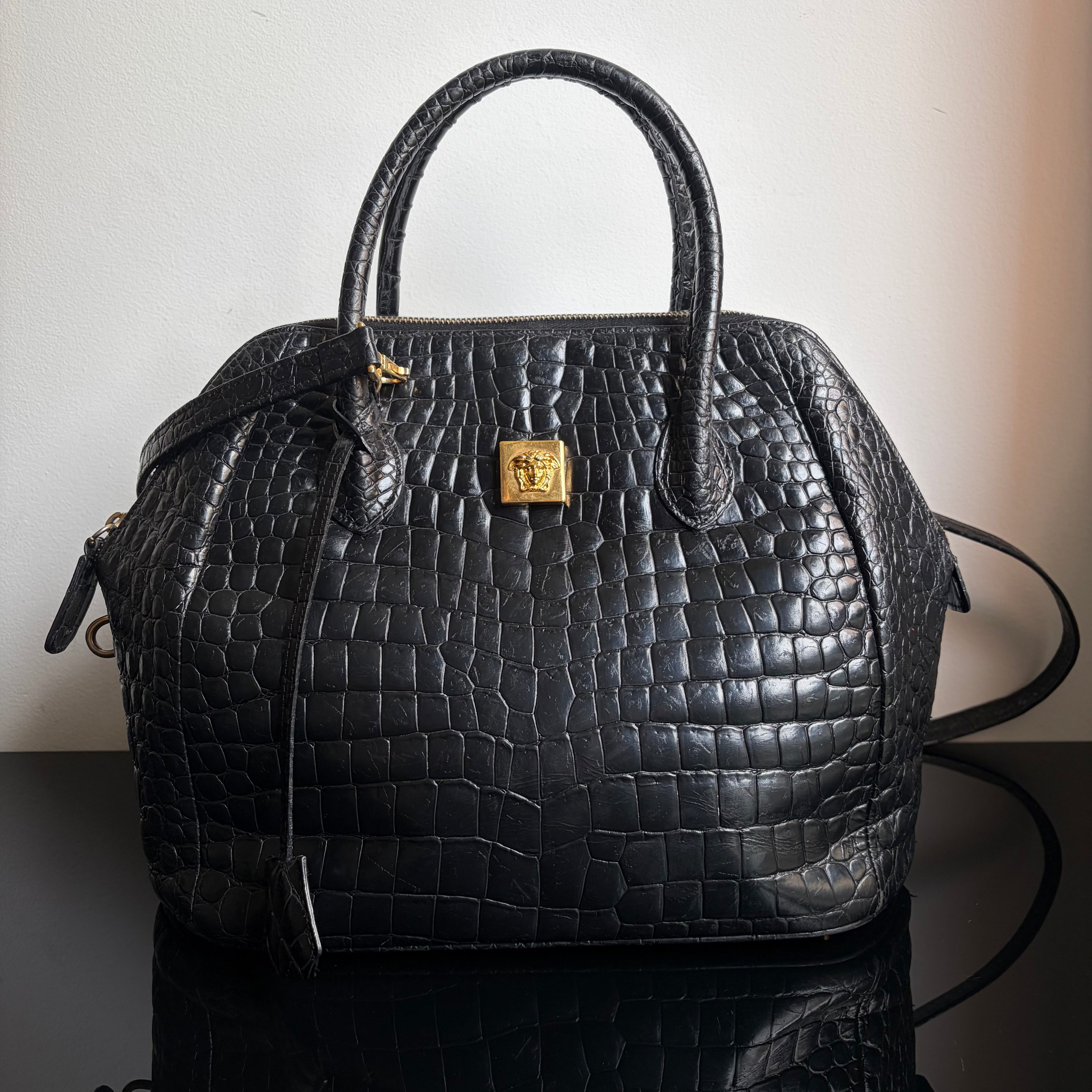 Gianni Versace 90s Crocodile-Embossed Top Handle Bag