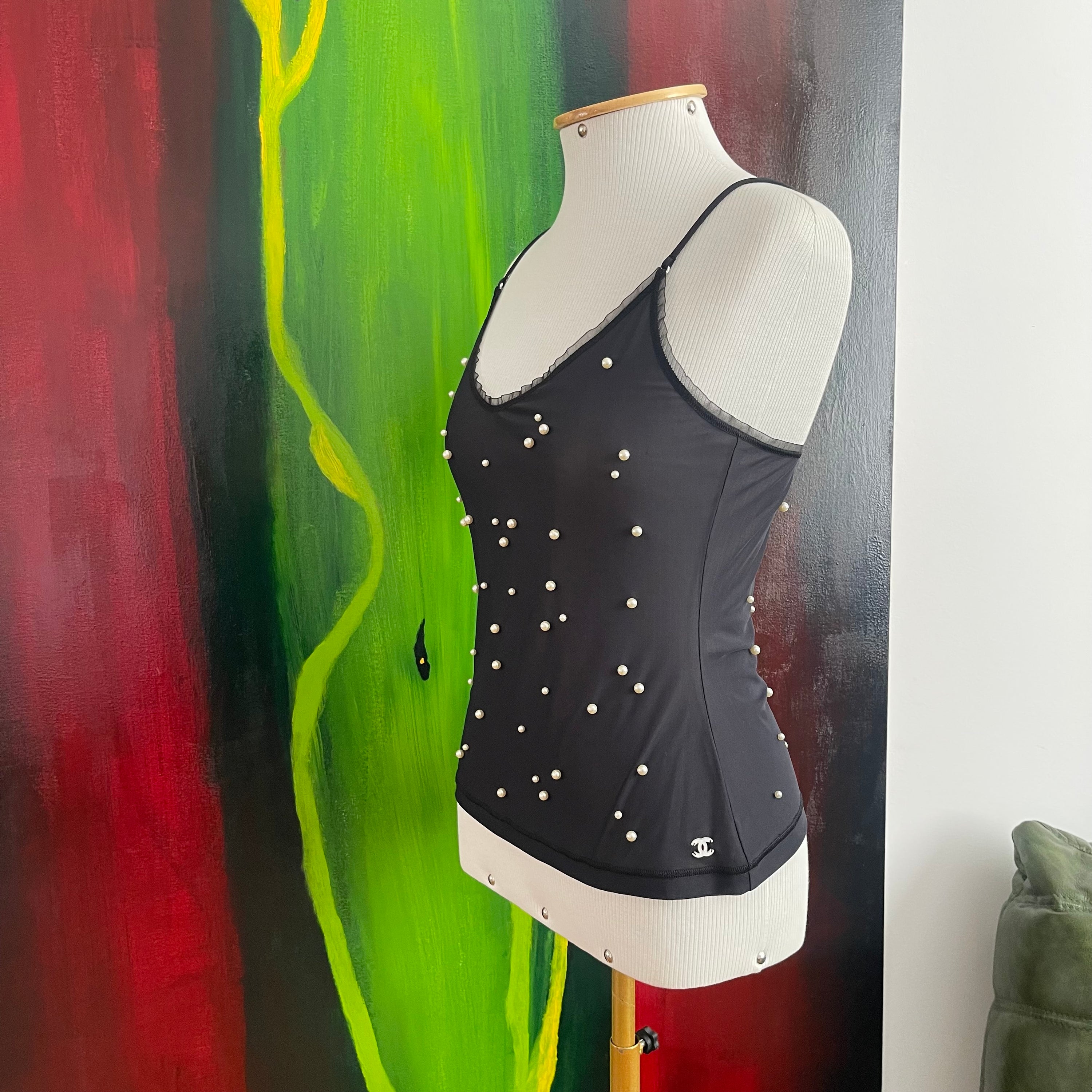 Chanel Black Pearl Embellished Tank Top