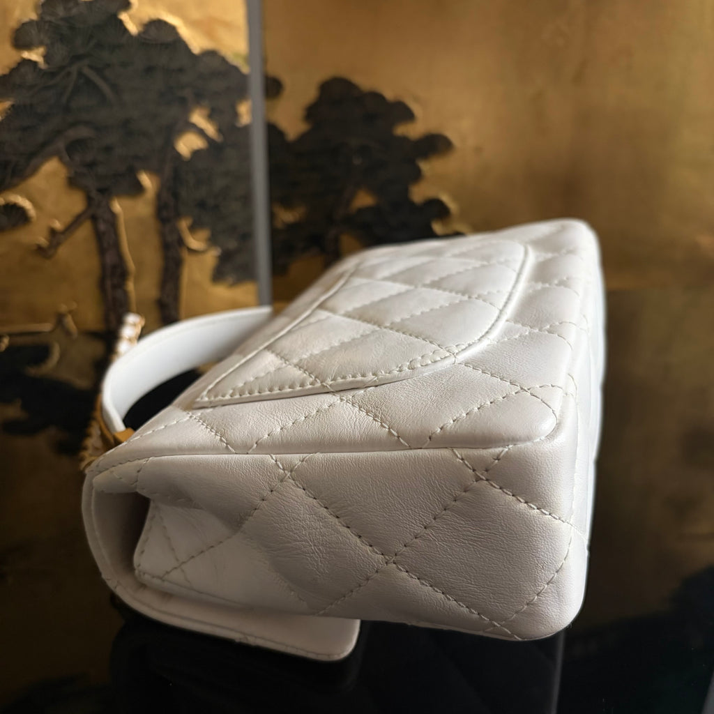 Chanel White Lambskin Leather Top Handle Flap Bag