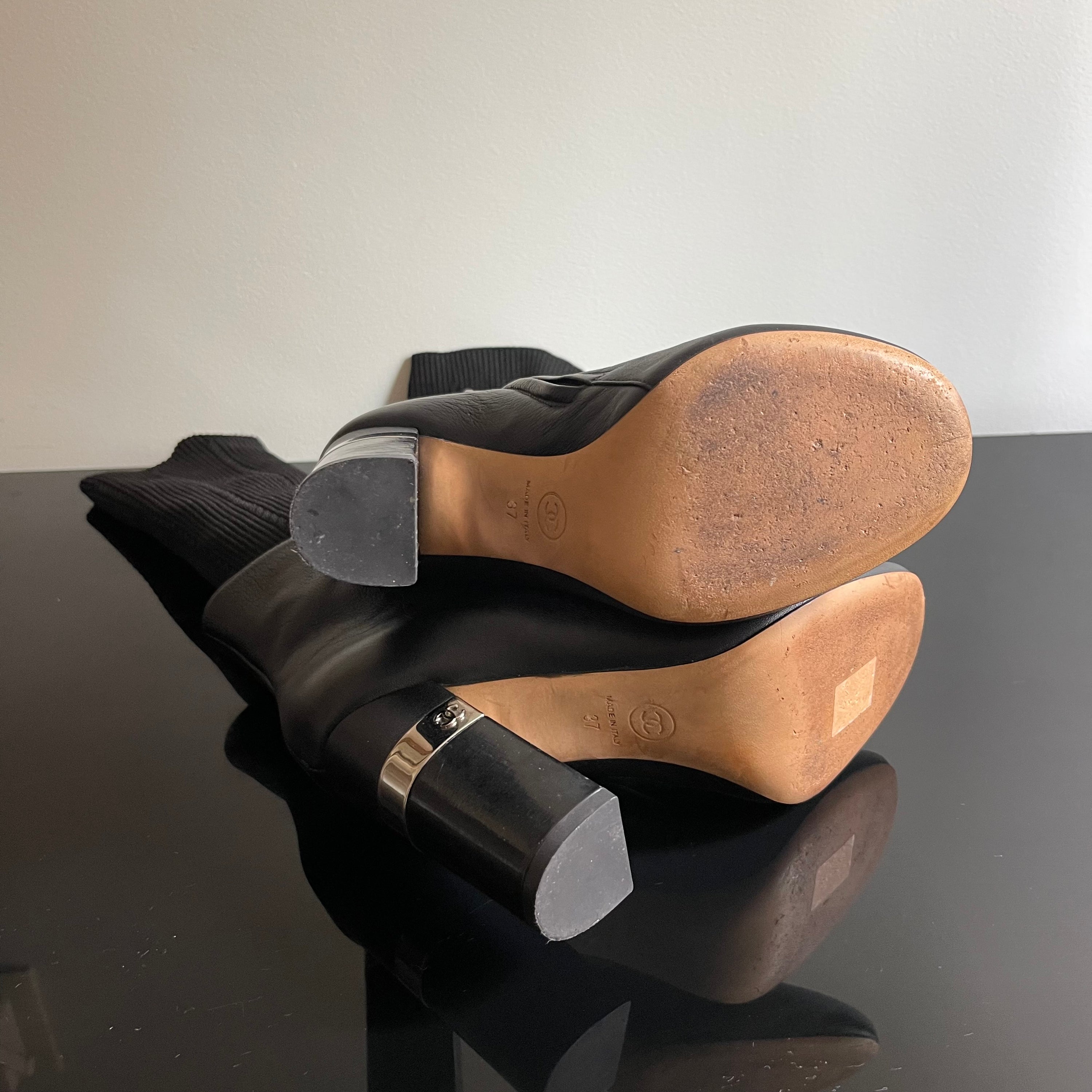 Chanel Black Leather Ankle Sock Boots