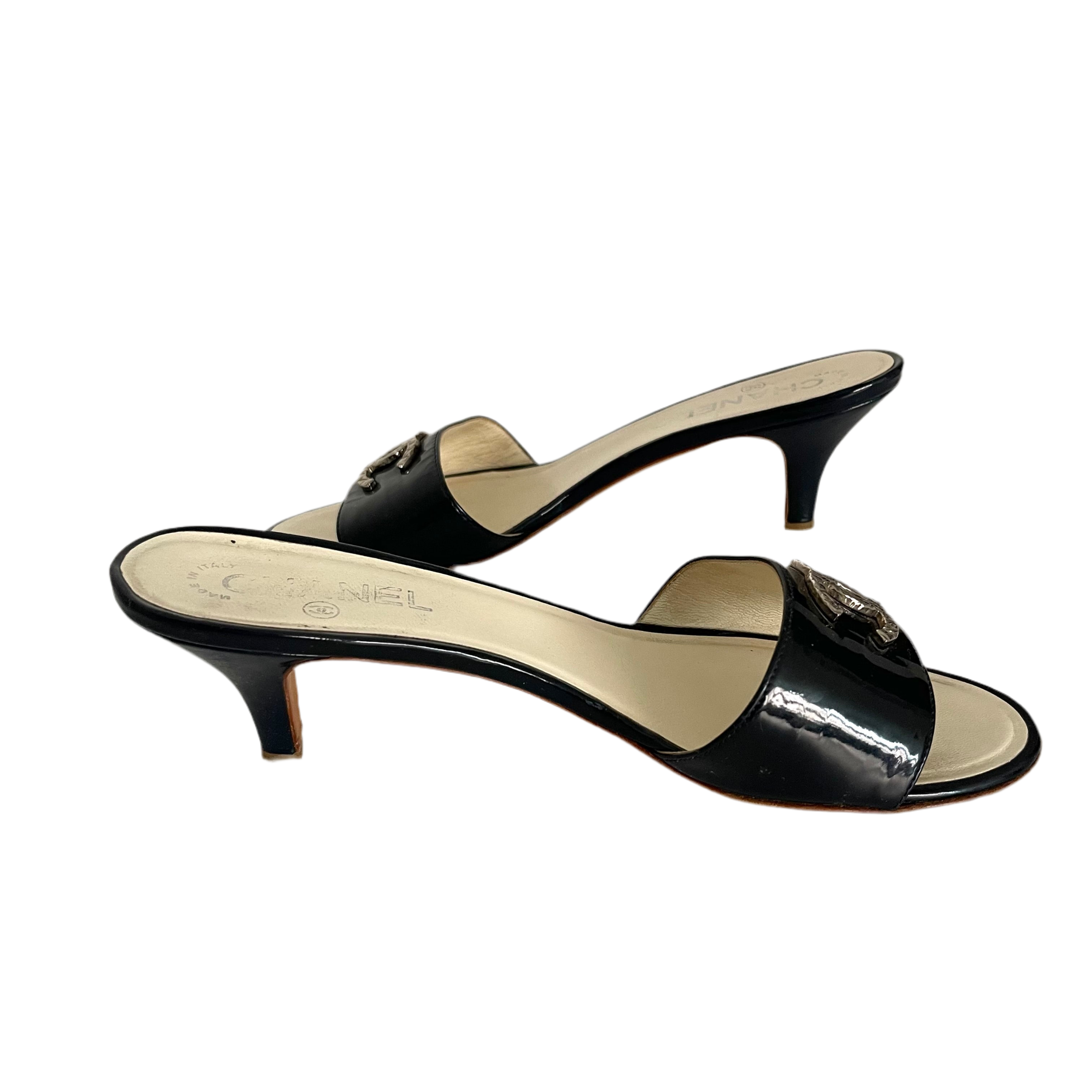 Chanel Patent Leather Logo Sandals
