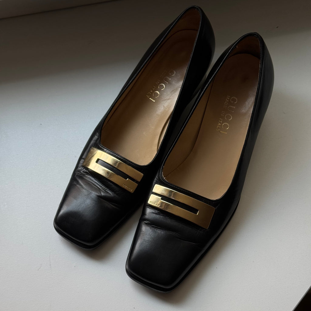 Gucci Vintage Black Leather Square-Toe Loafers