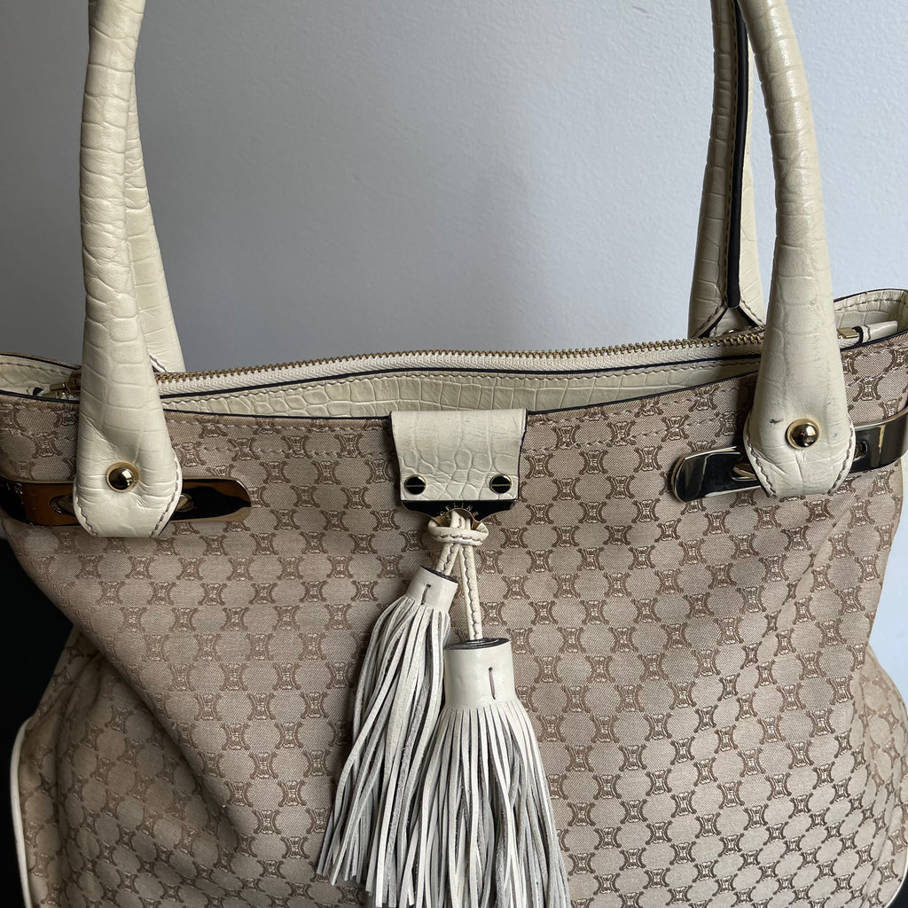 Céline Ivory Monogram Canvas Leather Tassel Bag