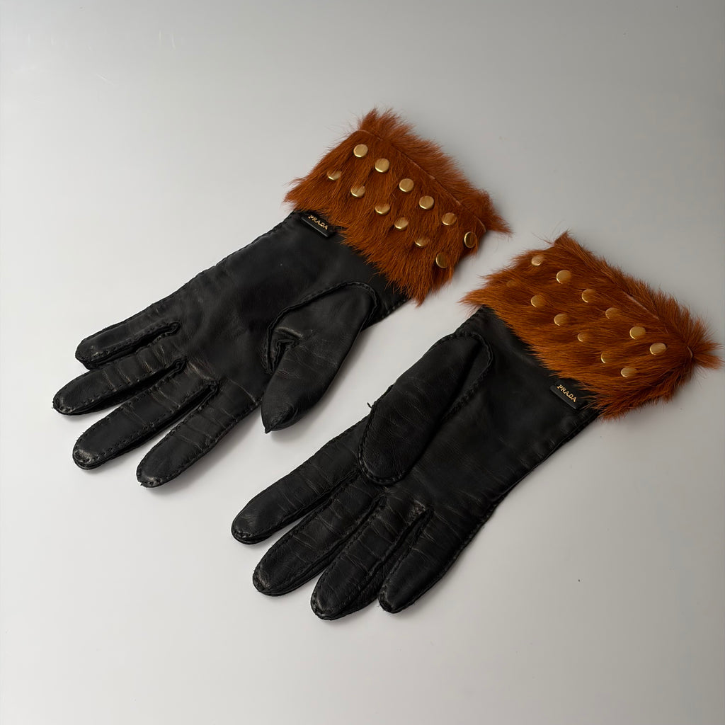 Prada Studded Fur-Cuff Leather Gloves