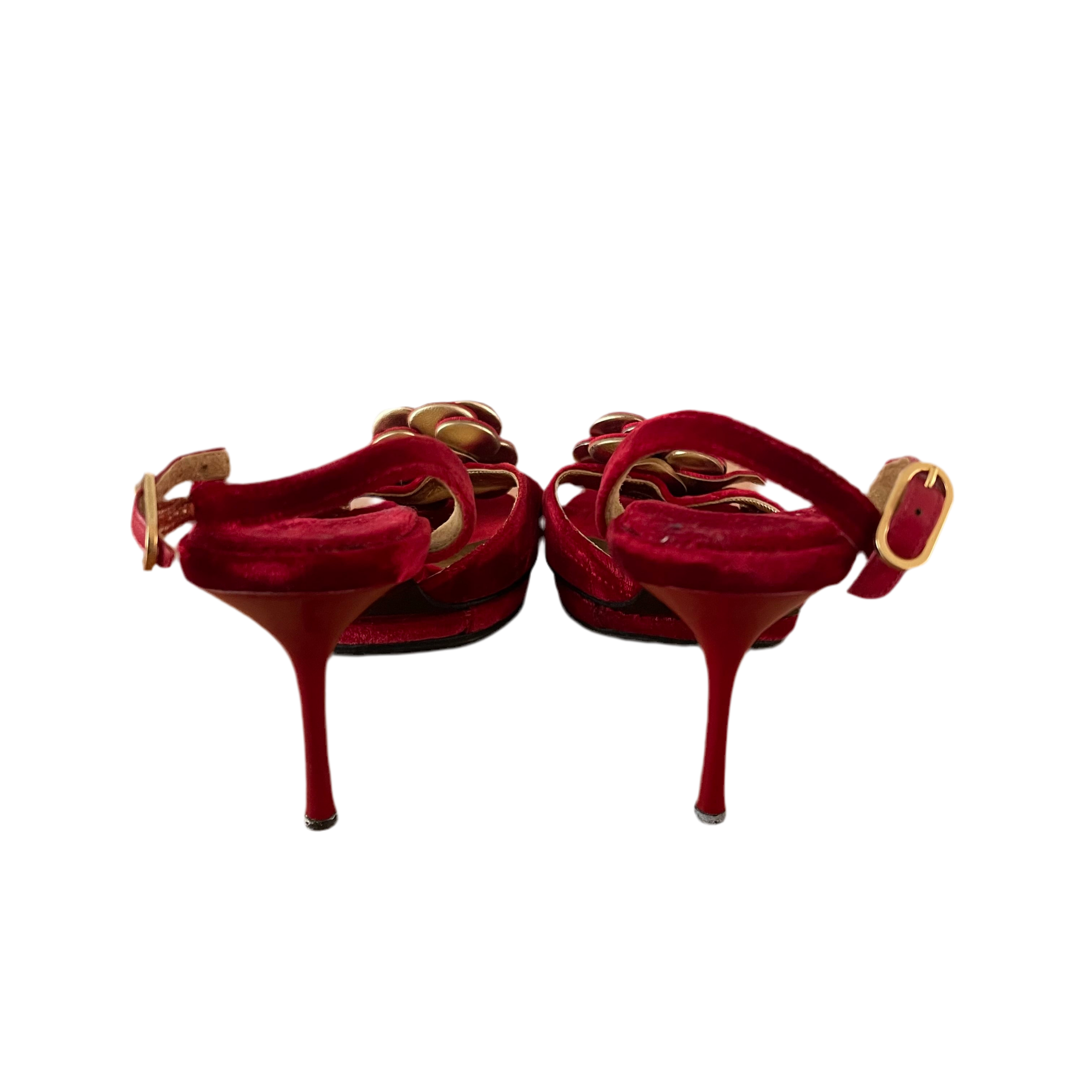 Chanel Red Floral Camellia Velvet Heels Pearl Toe