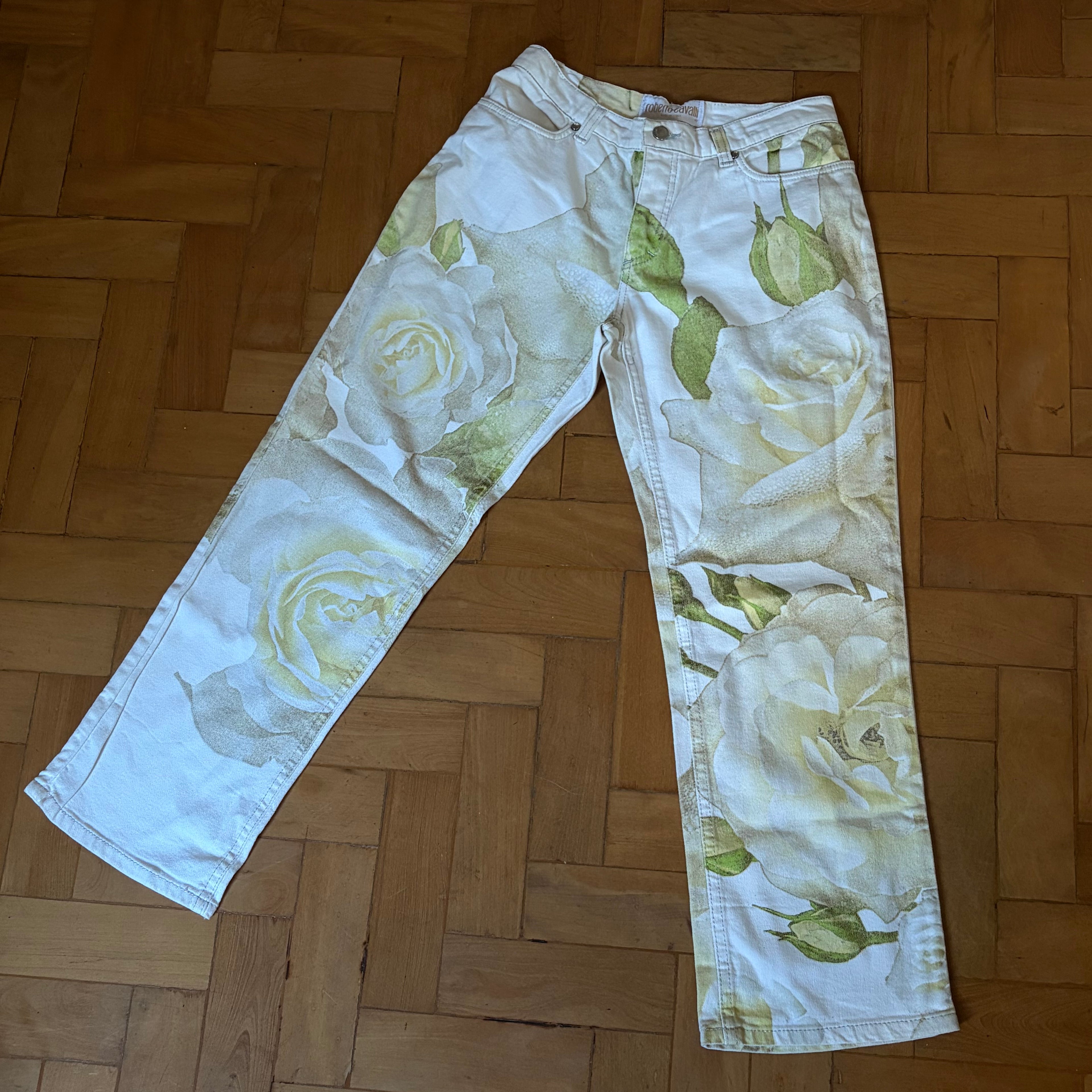 Roberto Cavalli White Rose Print Jeans