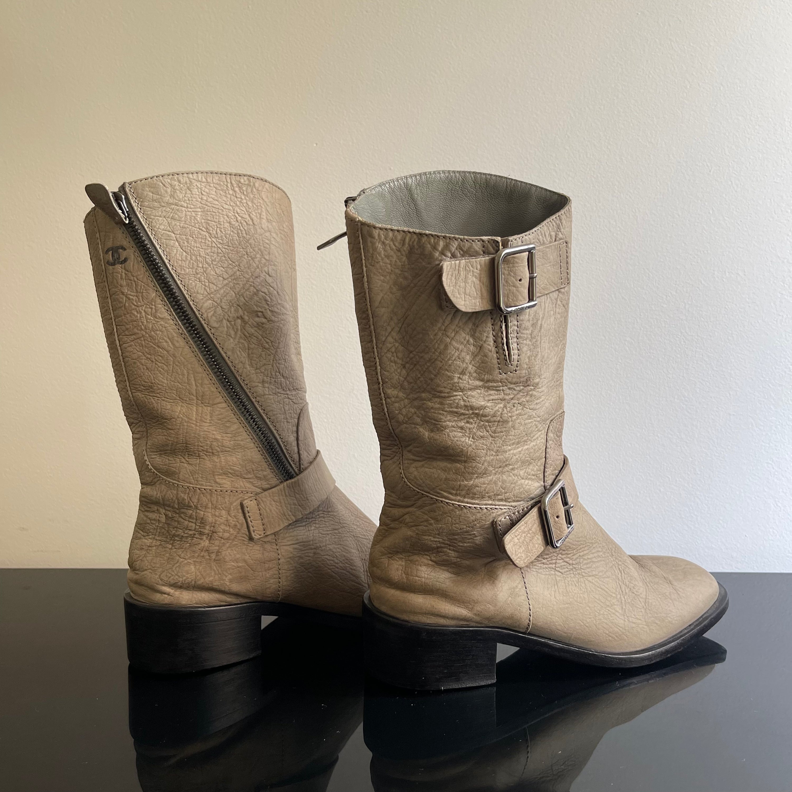 Chanel Gray Leather Biker Boots