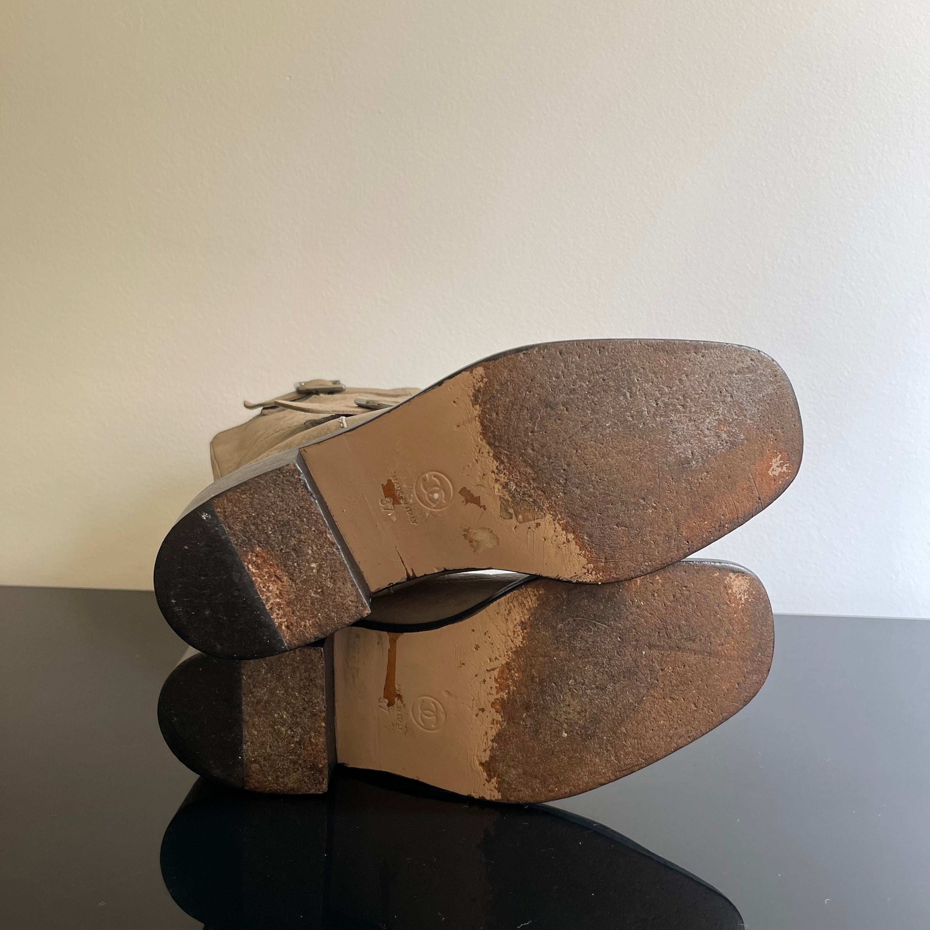 Chanel Gray Leather Biker Boots