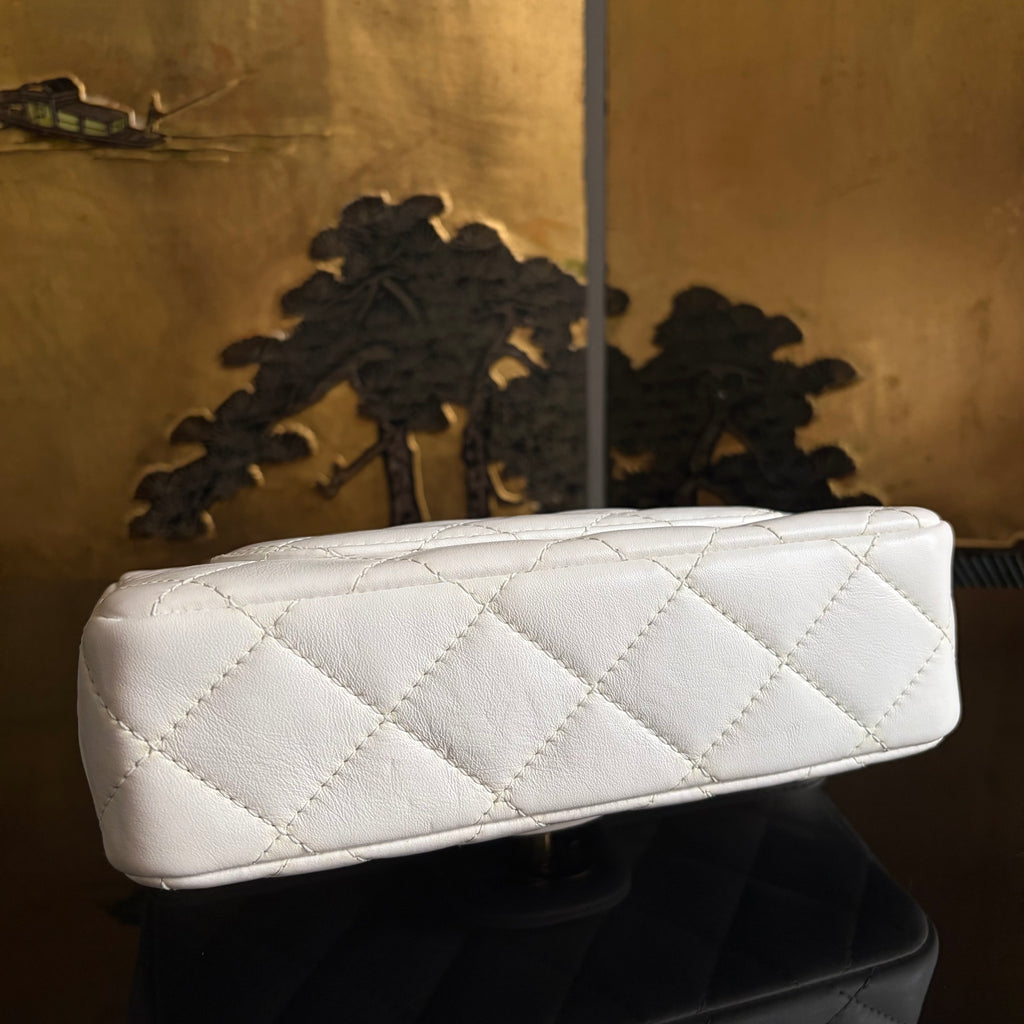 Chanel White Lambskin Leather Top Handle Flap Bag