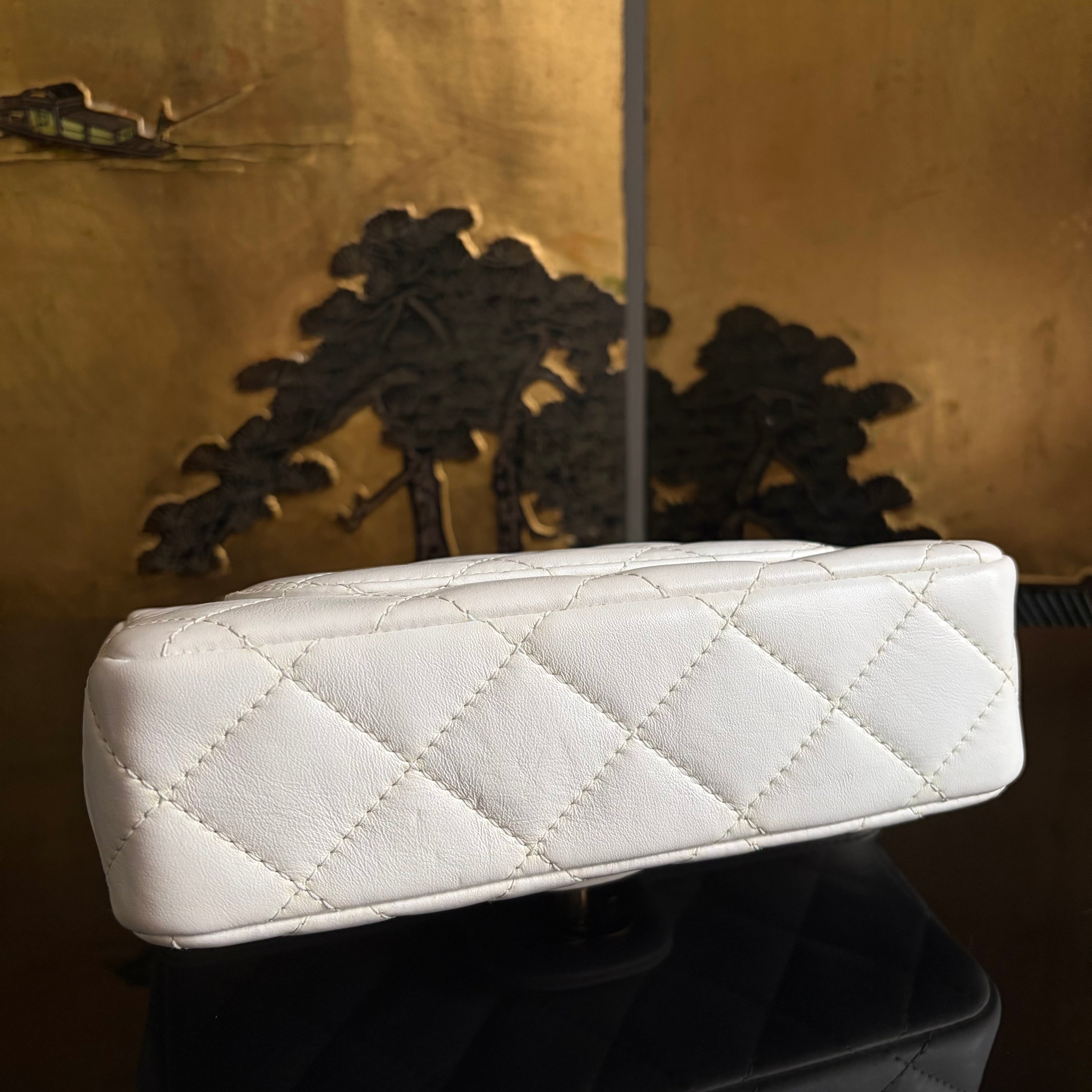 Chanel White Lambskin Leather Top Handle Flap Bag