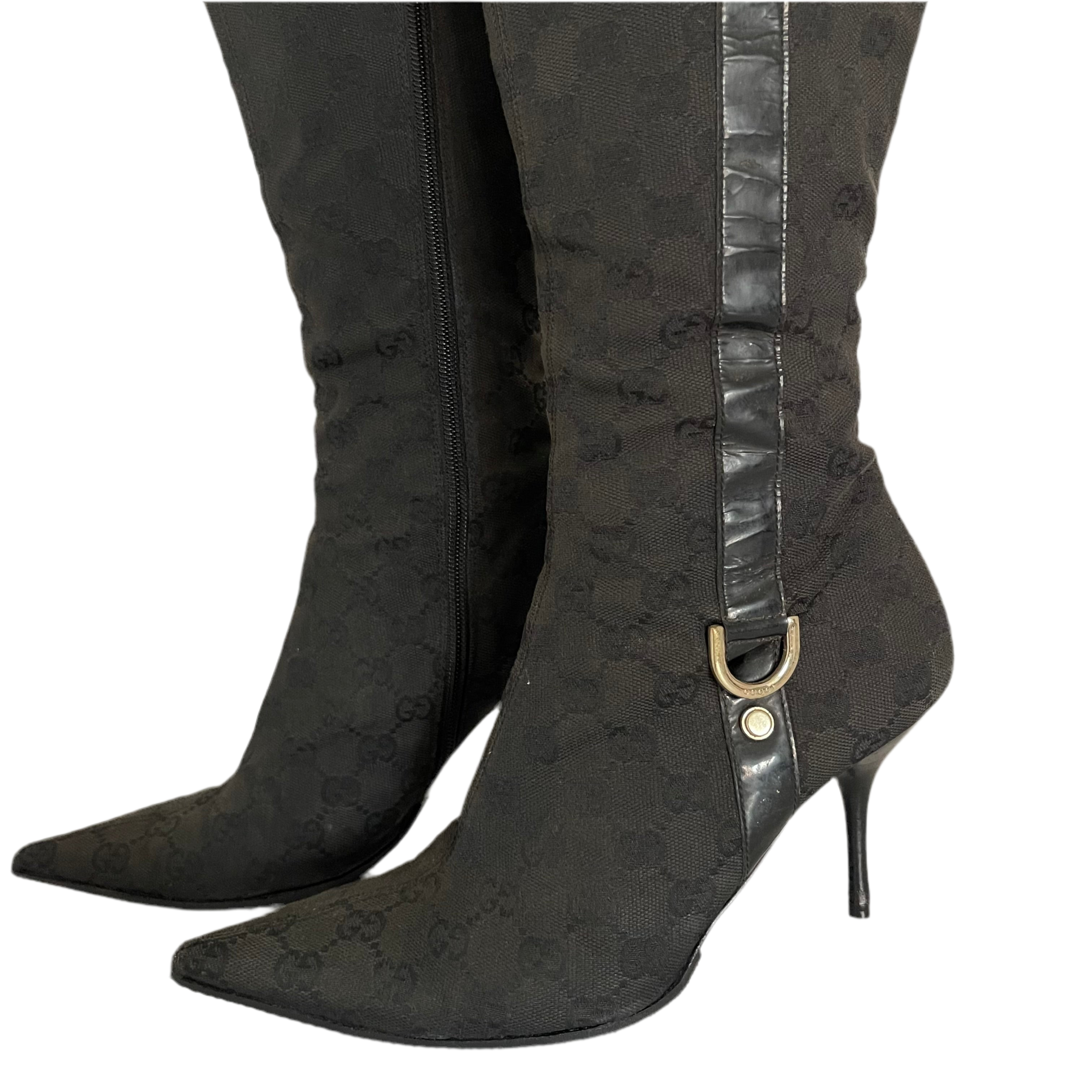 Gucci Black Canvas Monogram Boots