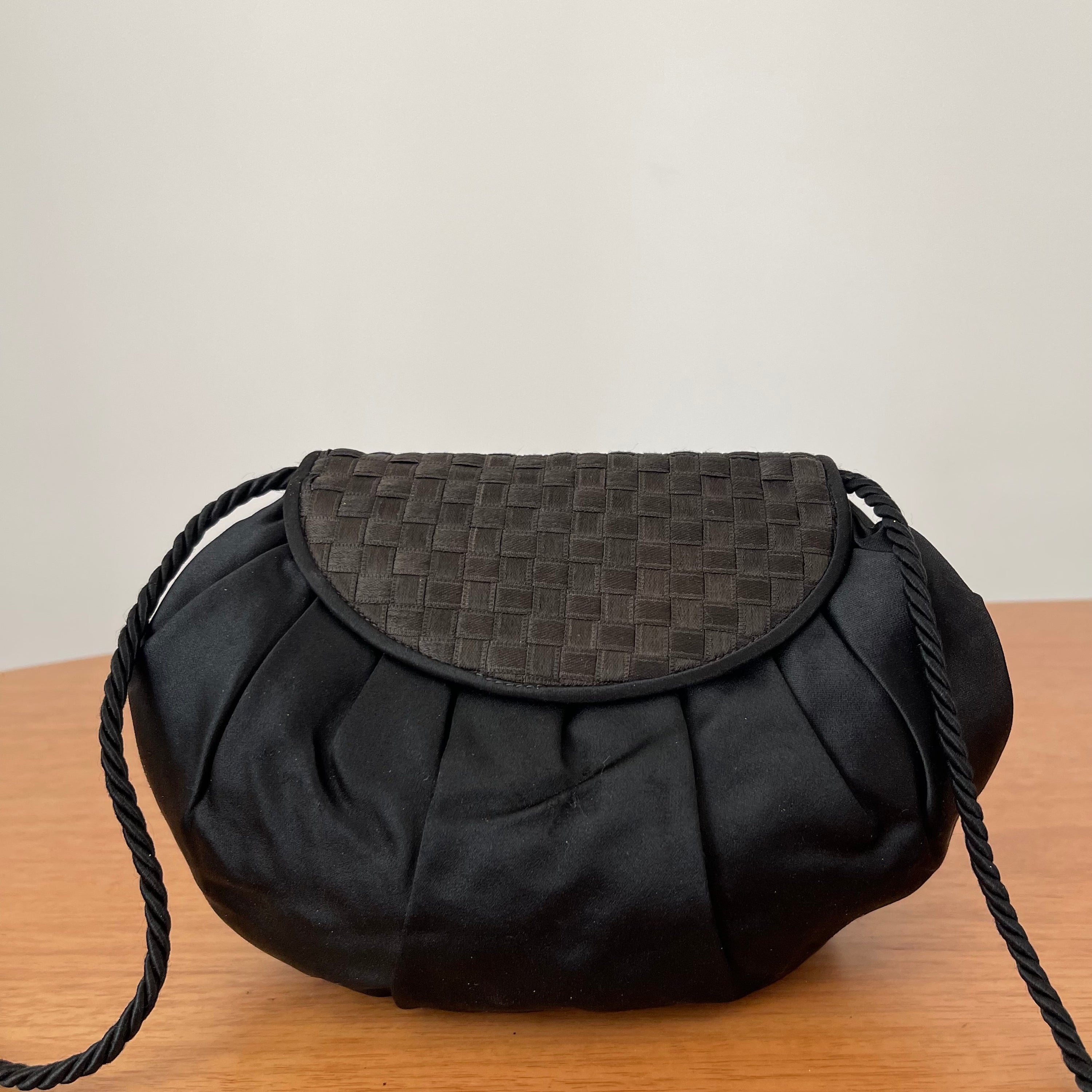Fendi Vintage Black Satin And Braided Flap Evening Bag