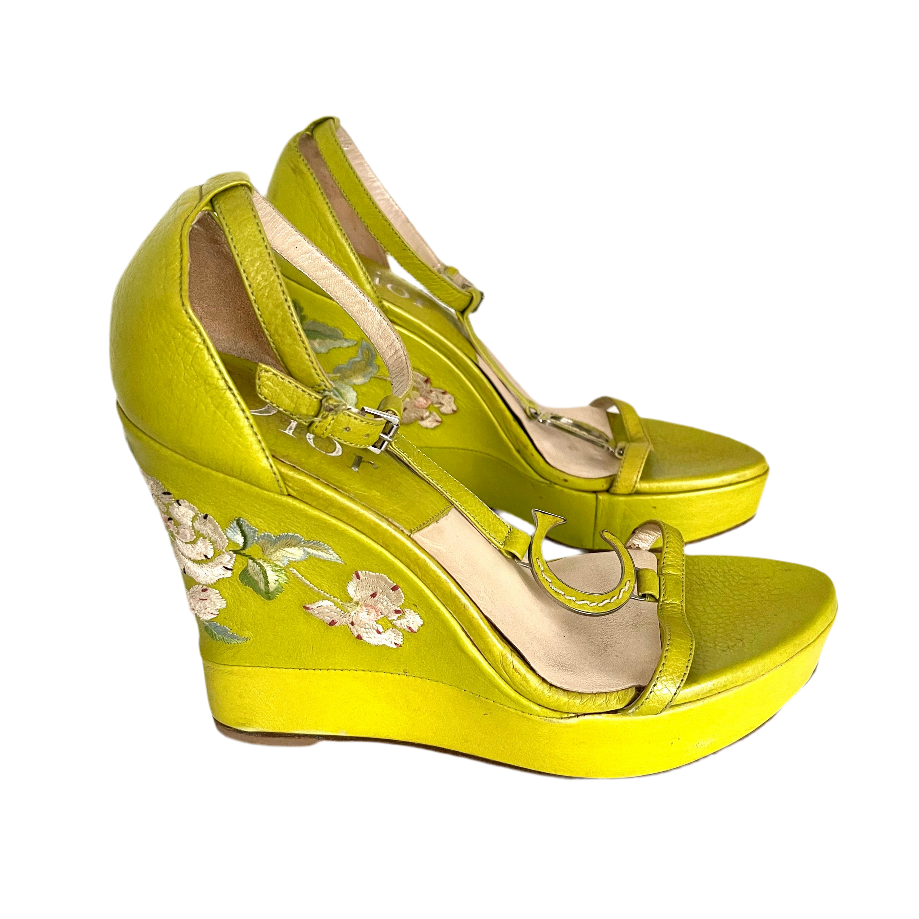 Christian Dior Green Floral Wedges