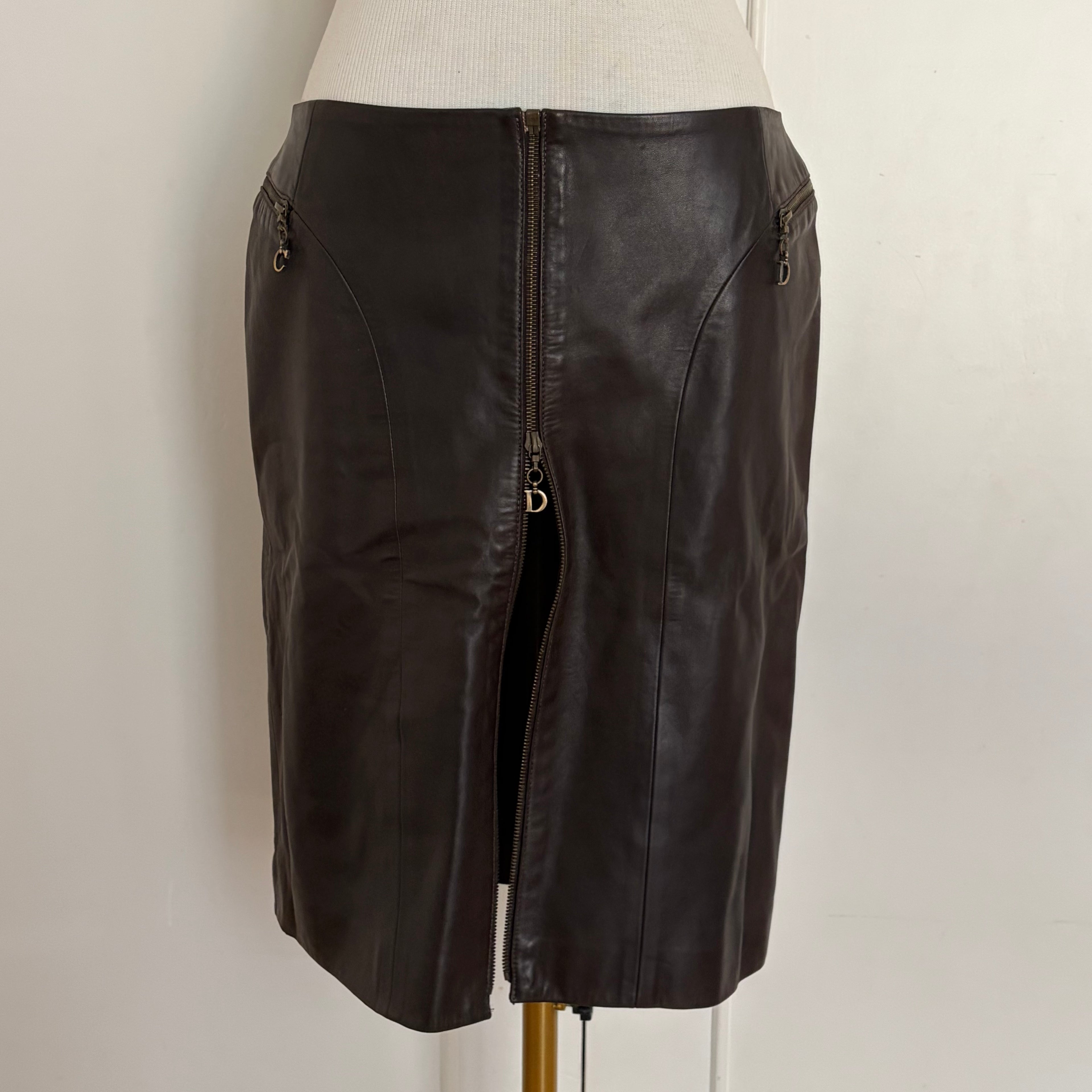 Christian Dior F/W 2000 brown leather zipper skirt