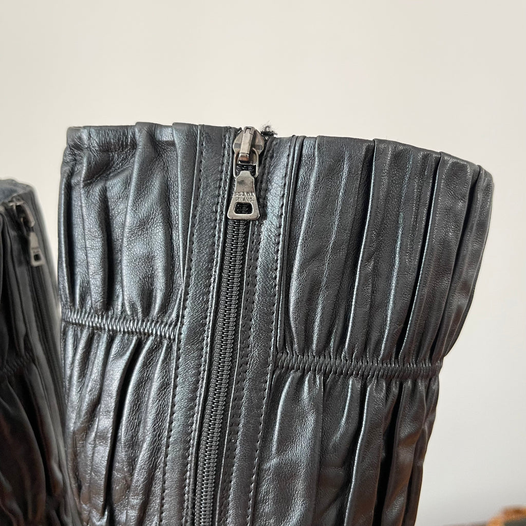 Prada Gaufre Black Leather Knee High Heeled Boots