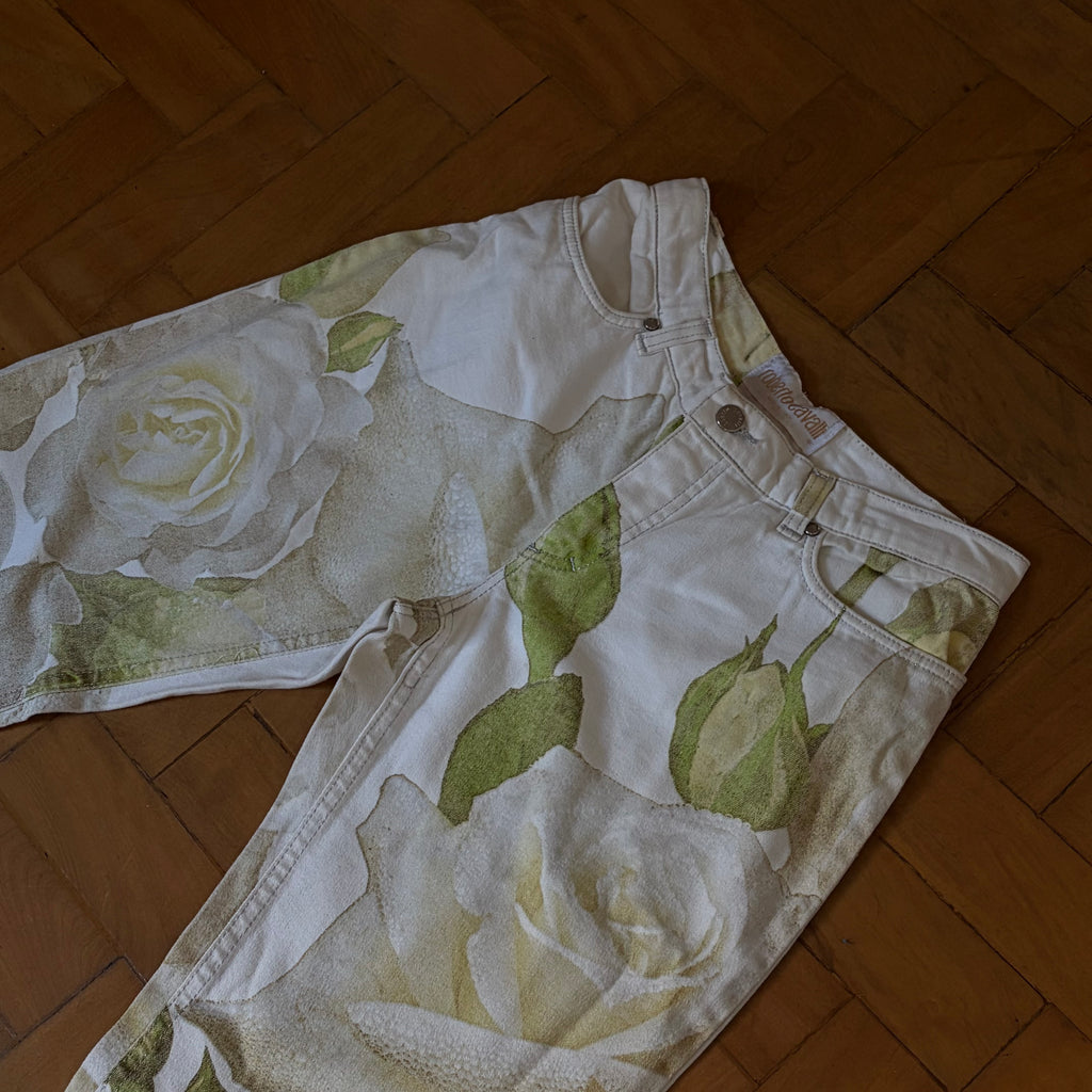 Roberto Cavalli White Rose Print Jeans