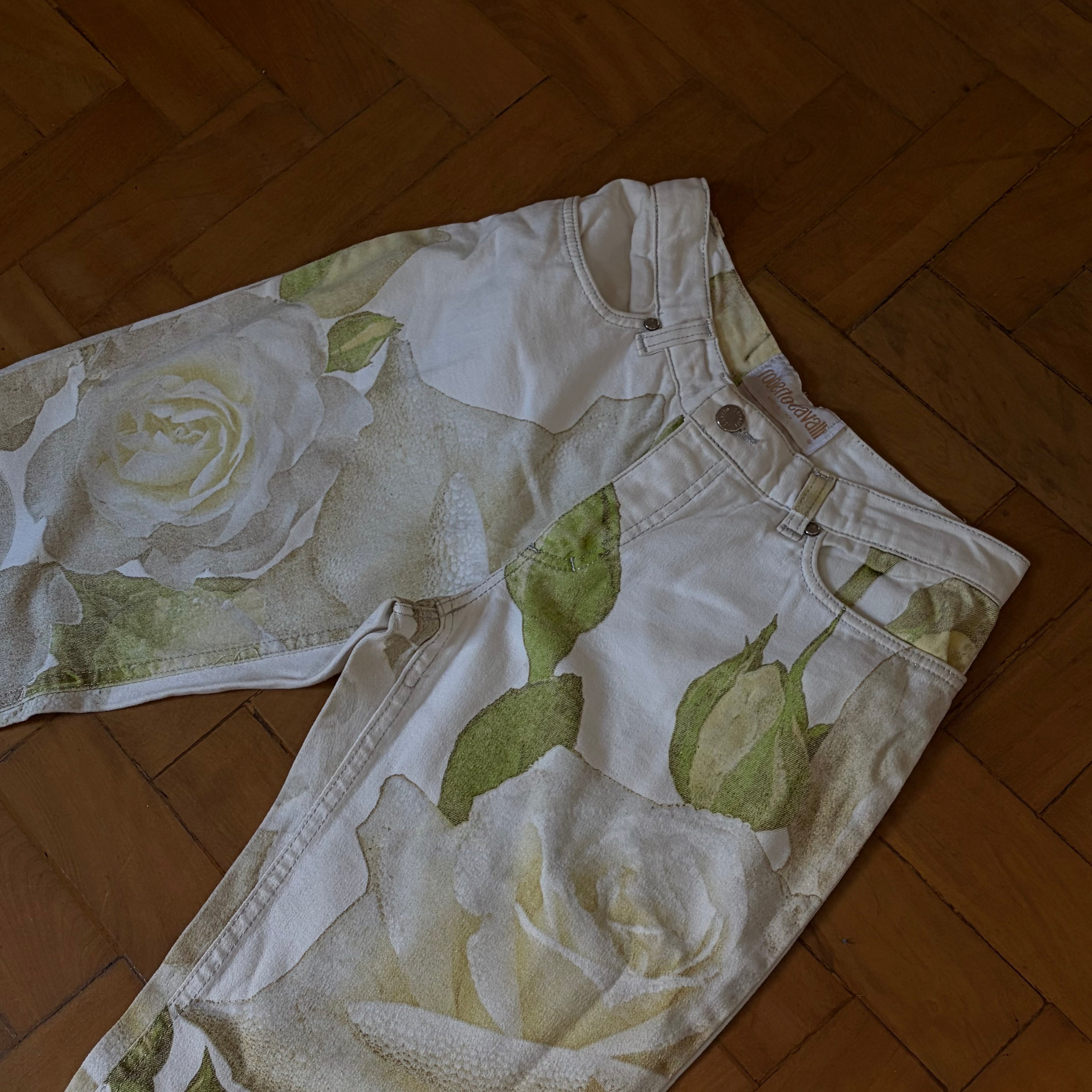 Roberto Cavalli White Rose Print Jeans