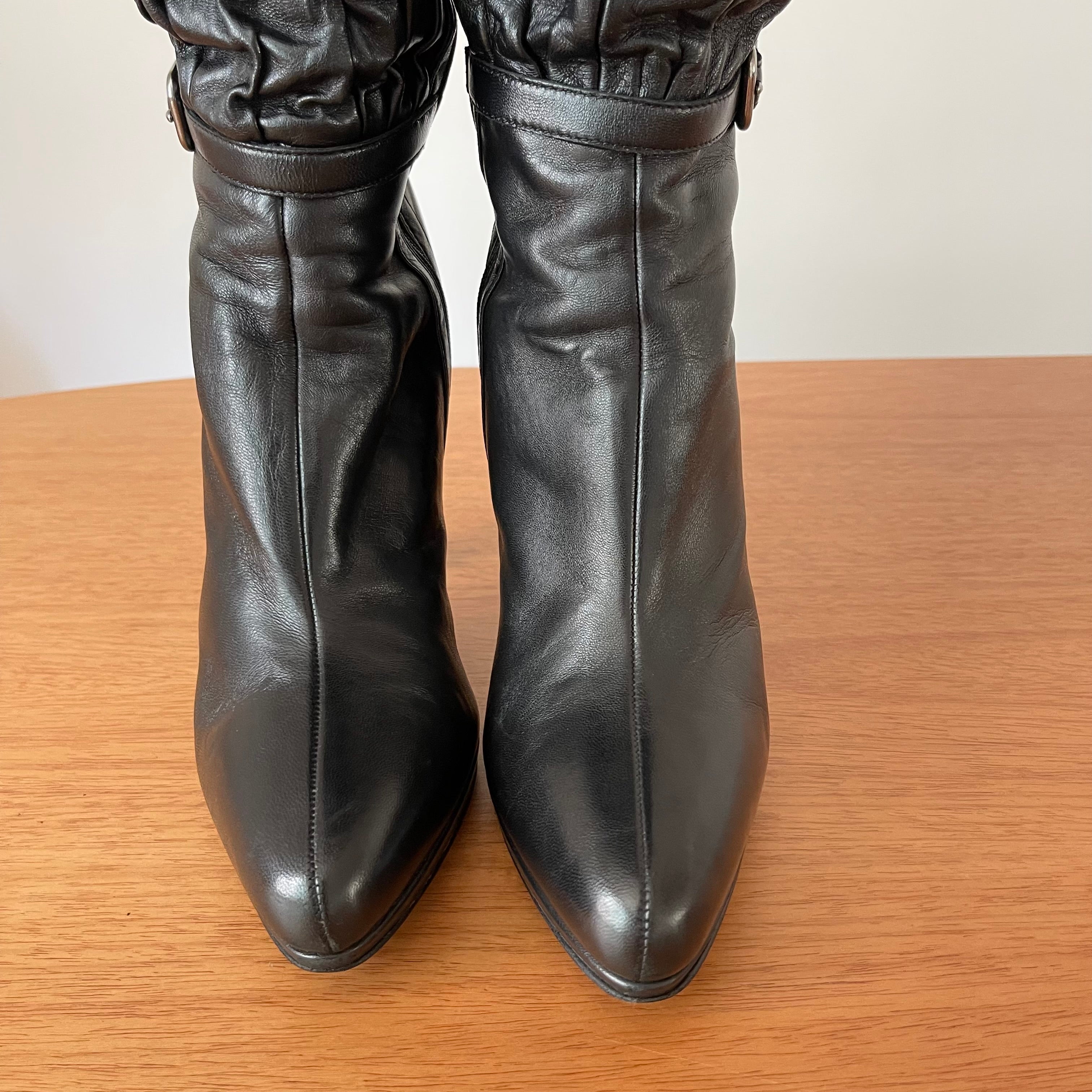 Prada Gaufre Black Leather Knee High Heeled Boots