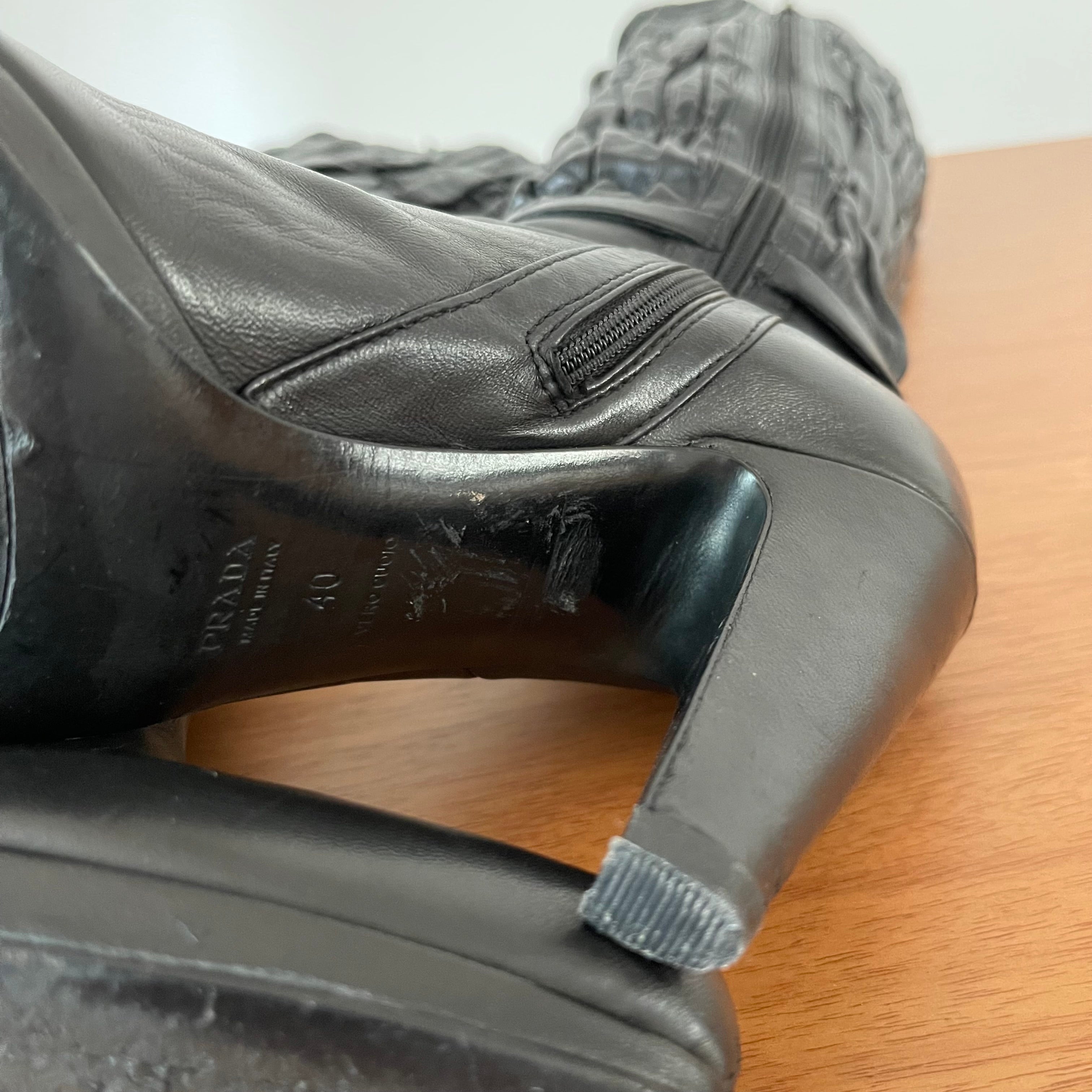 Prada Gaufre Black Leather Knee High Heeled Boots