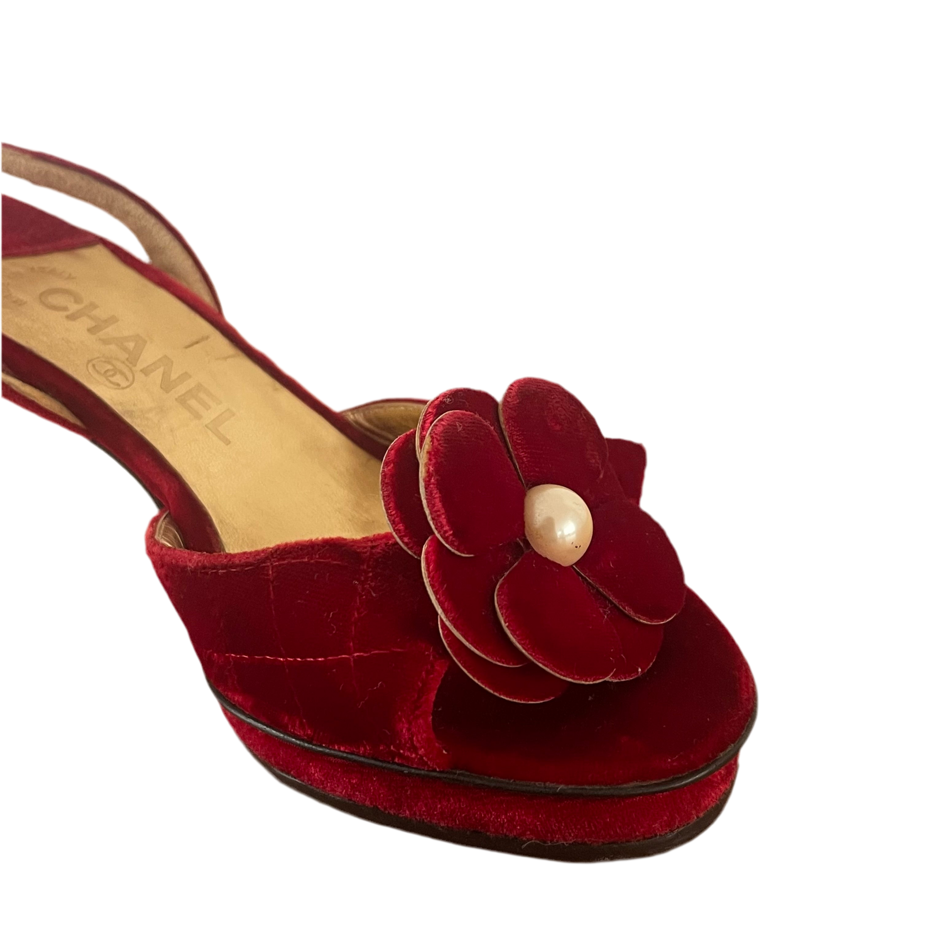Chanel Red Floral Camellia Velvet Heels Pearl Toe