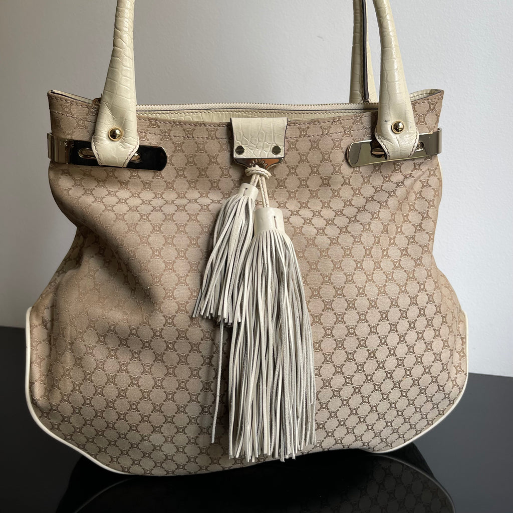 Céline Ivory Monogram Canvas Leather Tassel Bag