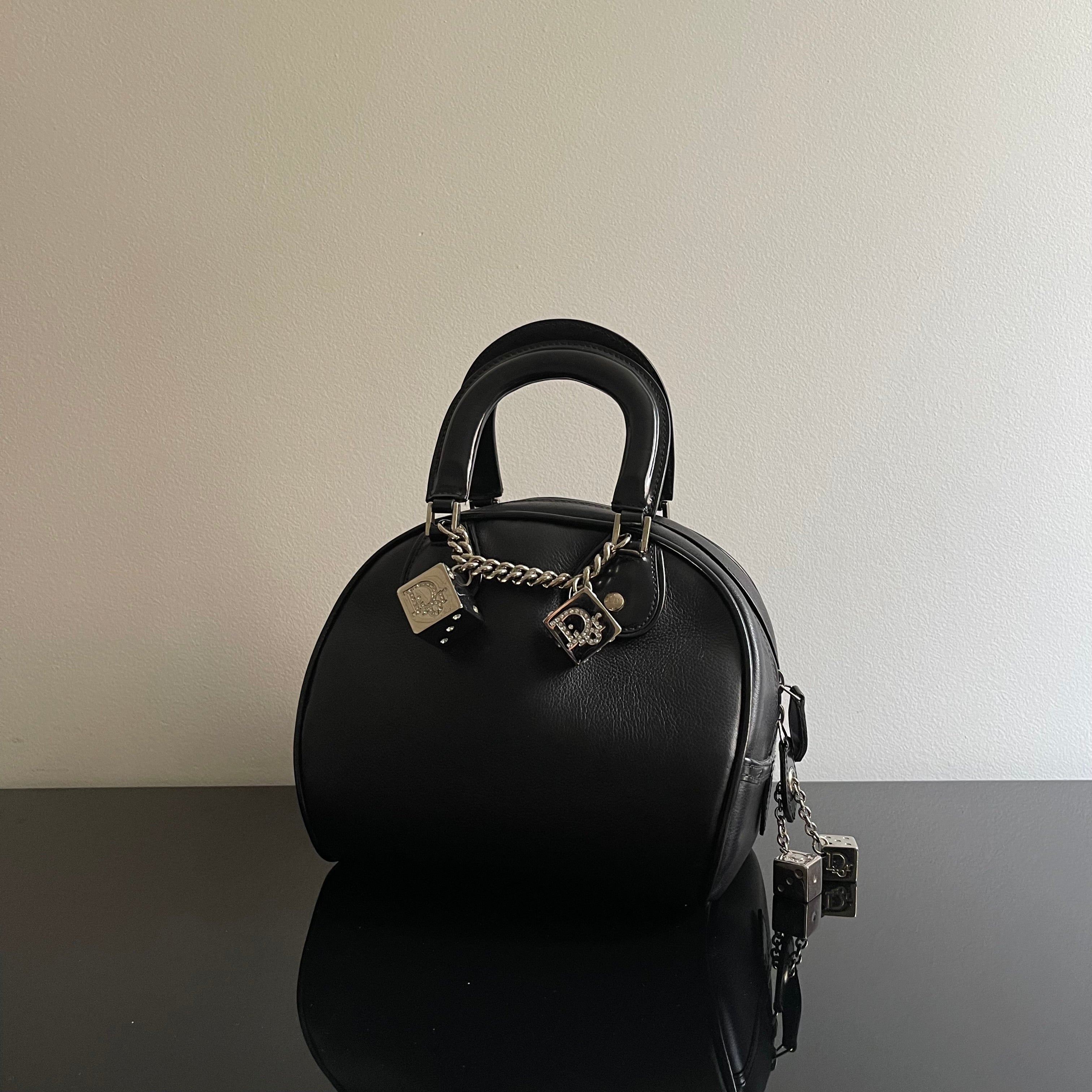 Christian Dior Gambler Dice Bowling Black Leather Bag