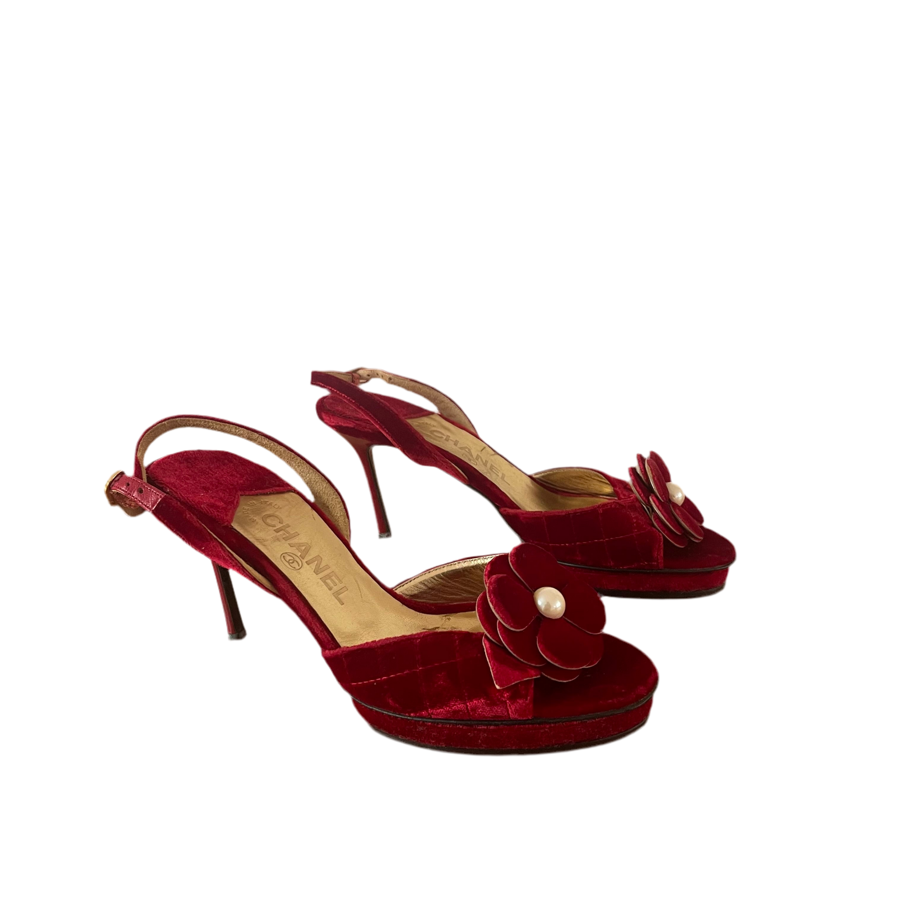 Chanel Red Floral Camellia Velvet Heels Pearl Toe