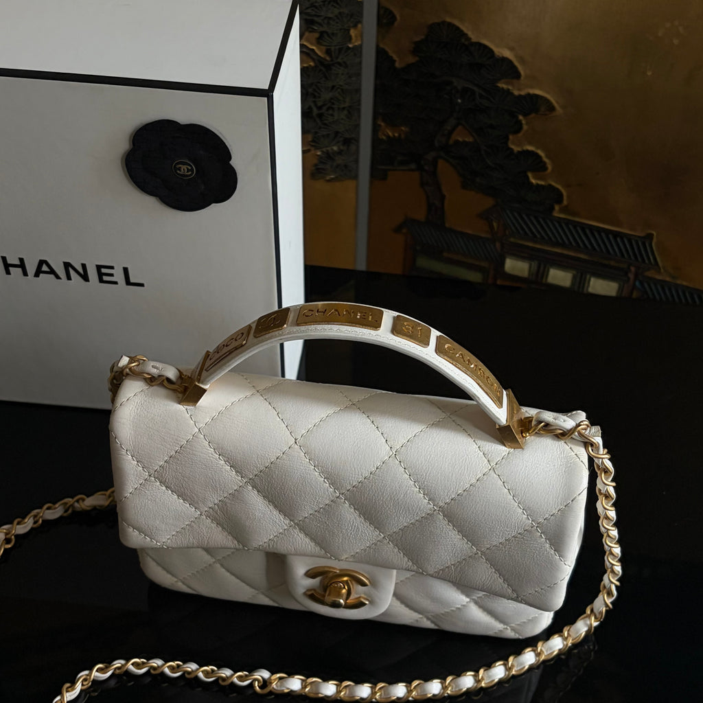 Chanel White Lambskin Leather Top Handle Flap Bag