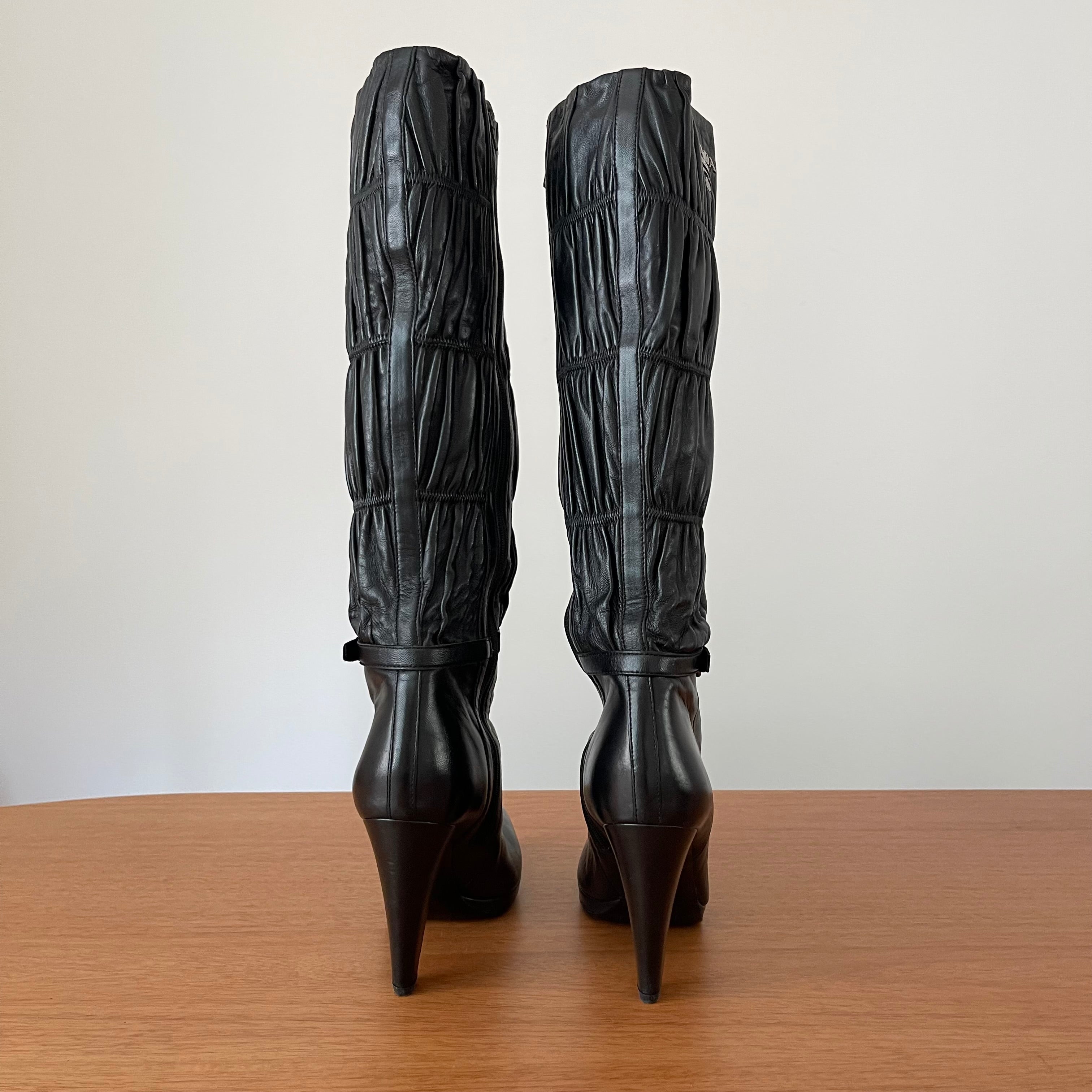 Prada Gaufre Black Leather Knee High Heeled Boots