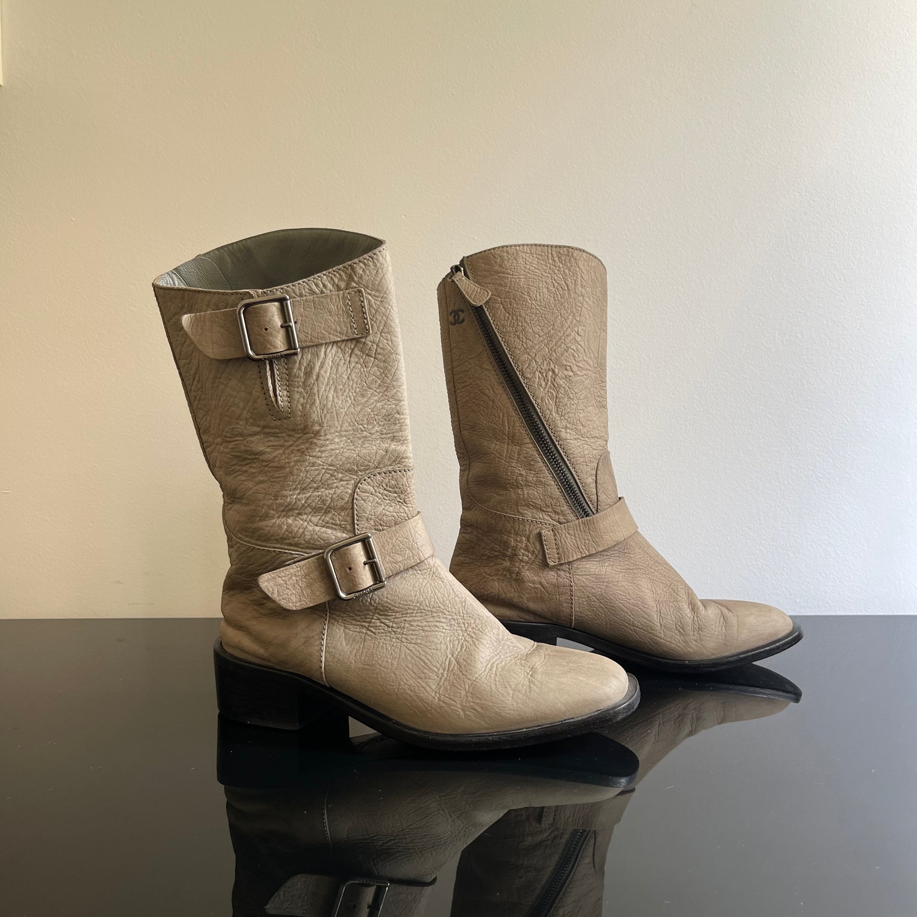 Chanel Gray Leather Biker Boots