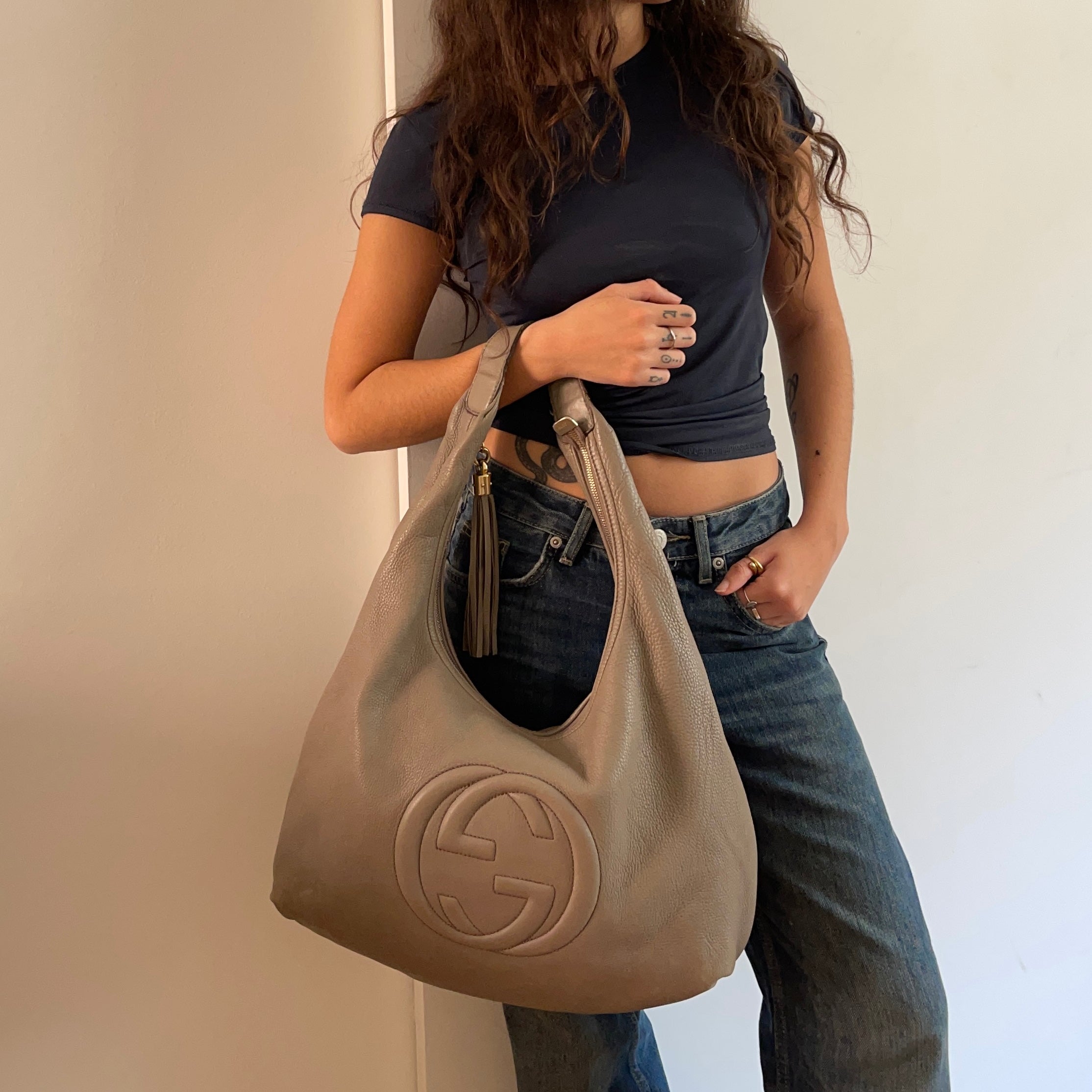 Gucci Soho Hobo Grey Leather Shoulder Bag