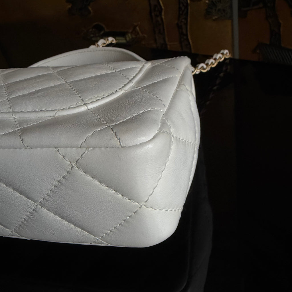 Chanel White Lambskin Leather Top Handle Flap Bag
