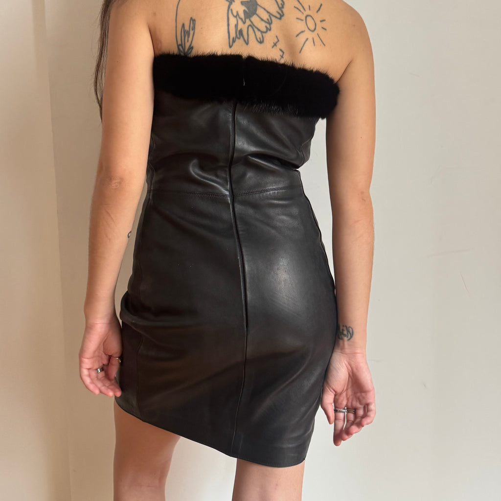 Gianni Versace 1997 Fur Trimmed Black Leather Dress